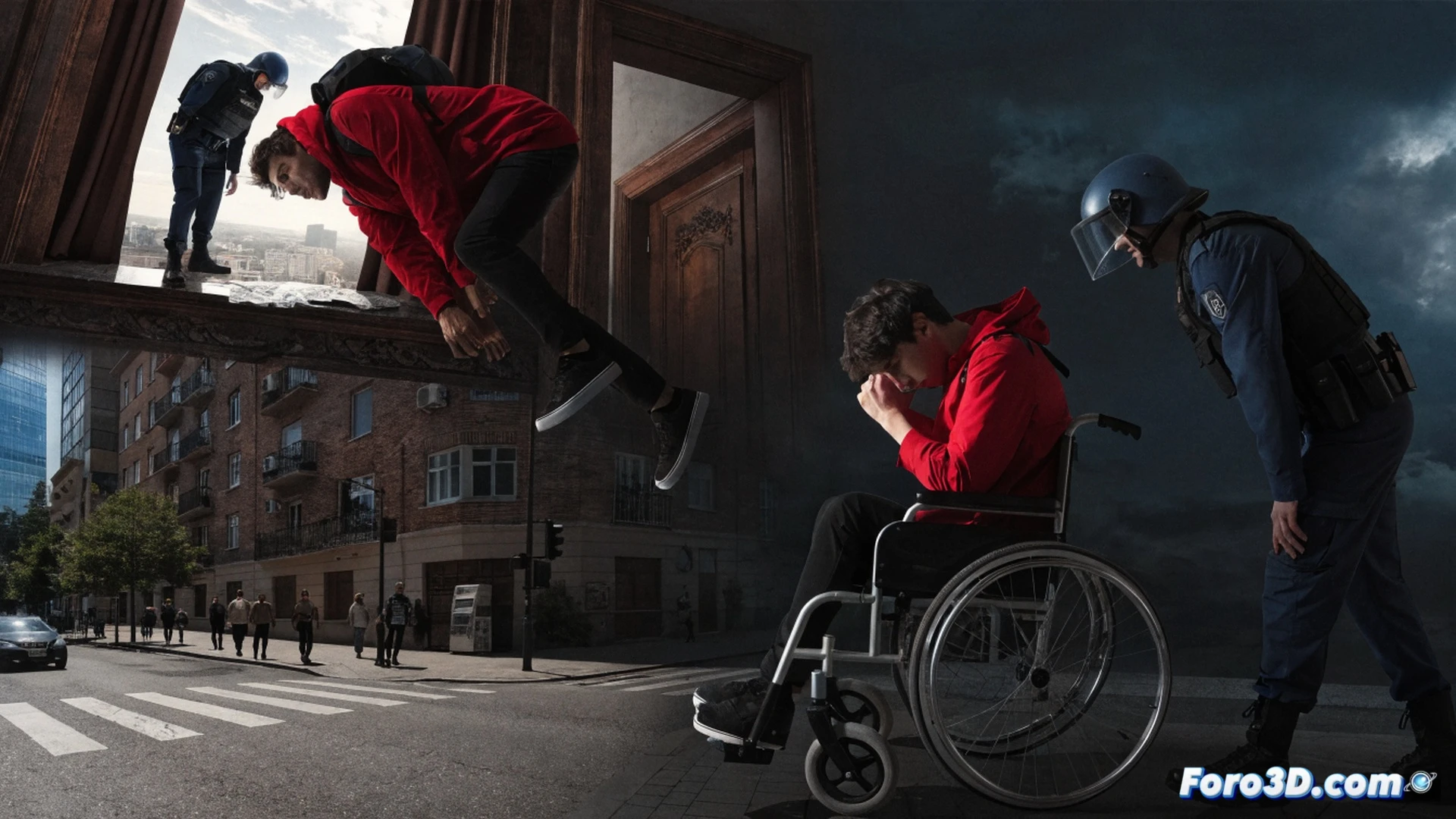 man in wheelchair with multiple leg fractures, dark silhouette of Guardia Civil officer standing by a window on a fifth floor, laptop with deep web interface visible on a desk, drug packages scattered, dramatic fall trajectory lines from window to ground, cinematic photorealistic style, high contrast shadow lighting, cold blue and grey color palette, shattered glass fragments suspended mid-air, forensic evidence markers on packages, ultra-detailed medical leg braces, urban night street visible below, tense action frozen in time, realistic human anatomy and wheelchair mechanics