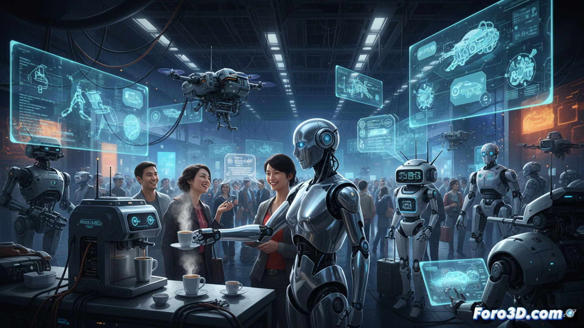 humanoid barista robot with articulated arms pouring steamed milk into a ceramic cup on a sleek counter, holographic translation interface floating beside it showing real-time speech-to-text conversion, small military drone hovering in background with sensor array, bright Computex exhibition hall lighting, busy convention floor with blurred attendees, photorealistic technical illustration, metallic robot joints with visible servos and wiring, steam rising from coffee machine, glowing LED indicators on devices, cinematic depth of field, ultra-detailed hardware textures, dynamic action scene demonstrating automation