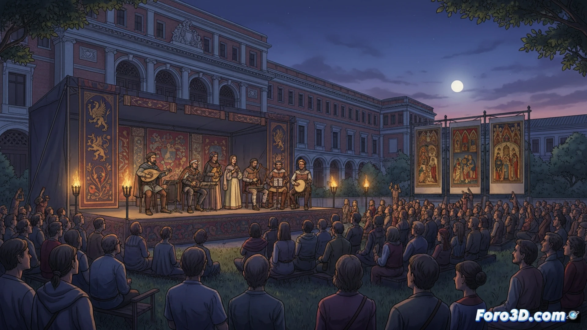 Músicos medievales tocando instrumentos históricos como laúd y zanfona en el patio del Museo del Prado, mientras voces entonan cantos gregorianos, partituras iluminadas sobre atriles de madera, trajes de época con detalles bordados, luz dorada del atardecer filtrándose entre columnas góticas, público sentado en bancos de piedra escuchando atentamente, fondo con arcos apuntados y vitrales, estilo cinematográfico fotorrealista, texturas de piedra desgastada, sombras dramáticas, ambiente solemne y festivo, iluminación cálida de velas y antorchas, ultra detallado
