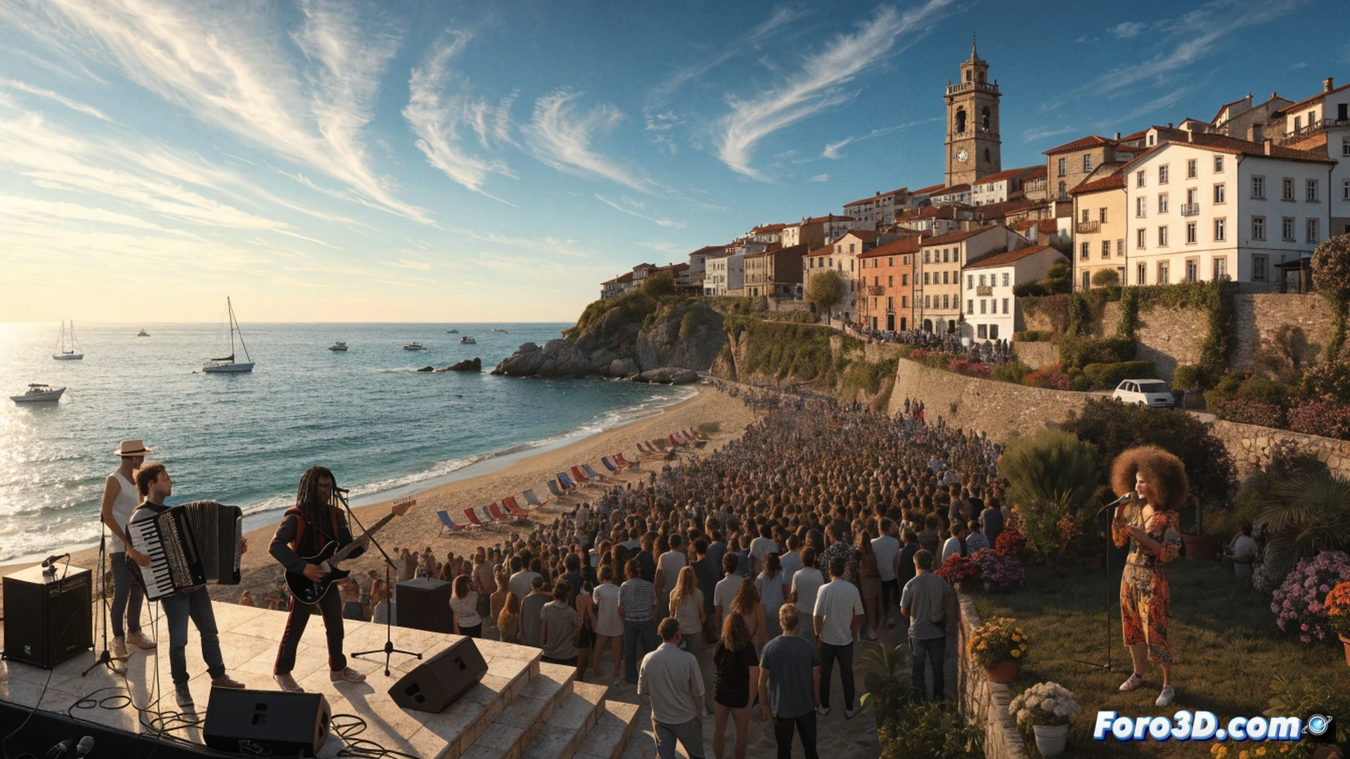 night concert stage at Sagüés amphitheatre beside Zurriola beach, large crowd gathered before illuminated stage during live performance, Etzakit band playing after 23 years hiatus, musicians with electric guitars and drum kit under blue and purple stage lights, ocean waves visible in background at dusk, sound mixing console at front of stage with glowing faders and meters, cinematic photorealistic render, dynamic crowd silhouettes with raised hands, dramatic stage lighting reflecting on instruments, soft coastal evening atmosphere, ultra-detailed textures on equipment and clothing