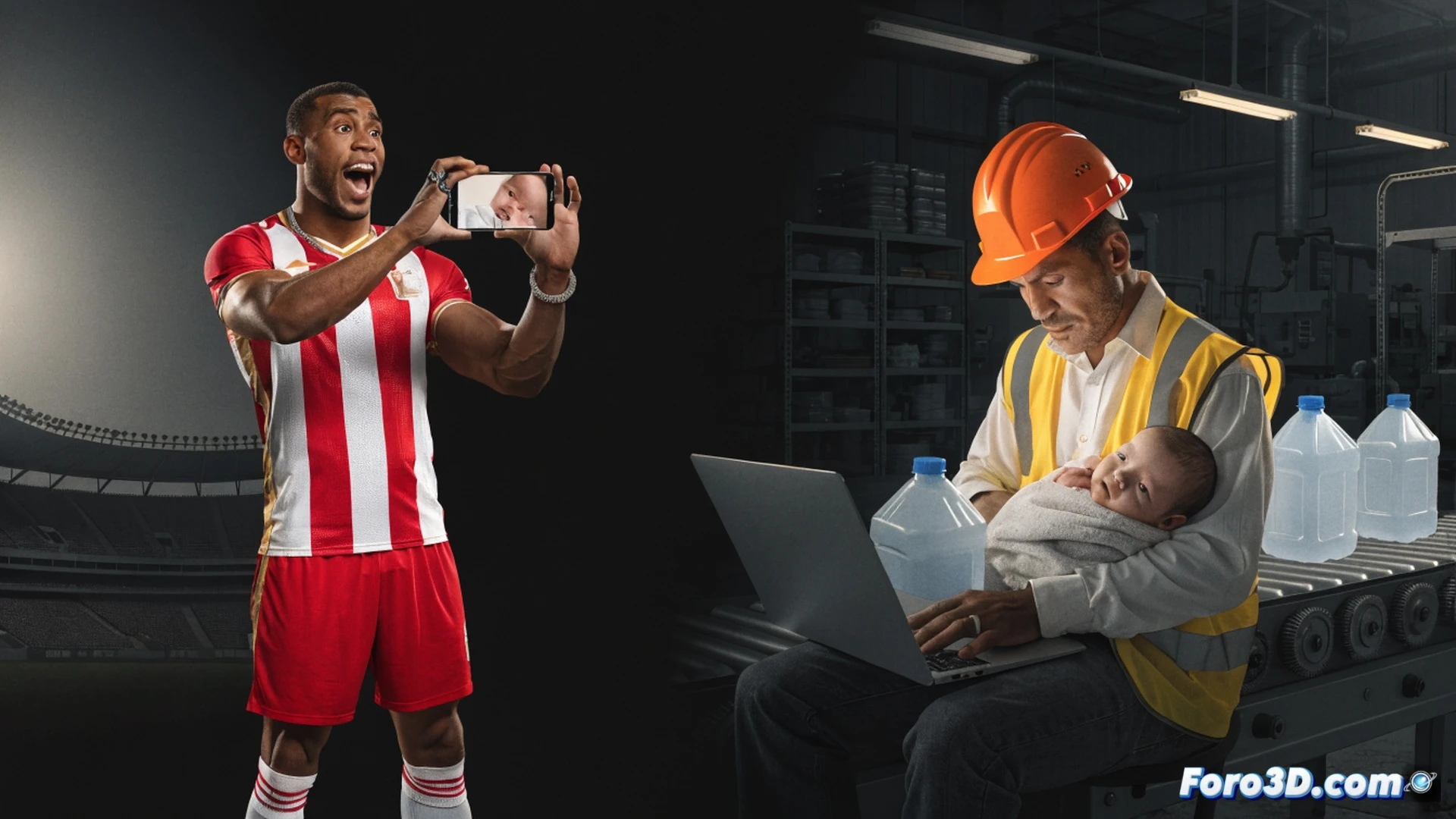 Two contrasting scenes side by side: left side shows a footballer in a stadium tunnel holding a smartphone with a glowing video call screen showing a newborn baby, luxury watch visible on wrist, stadium lights behind him; right side shows a factory worker in a dim workshop wiping sweat while fixing a broken industrial conveyor belt, grease-stained hands, worn safety goggles, broken gear mechanism beside him, no phone in sight, harsh fluorescent lighting, photorealistic cinematic style, dramatic contrast between bright celebratory side and dark labor side, ultra-detailed textures on leather football boots versus cracked rubber work boots, shallow depth of field emphasizing the divide