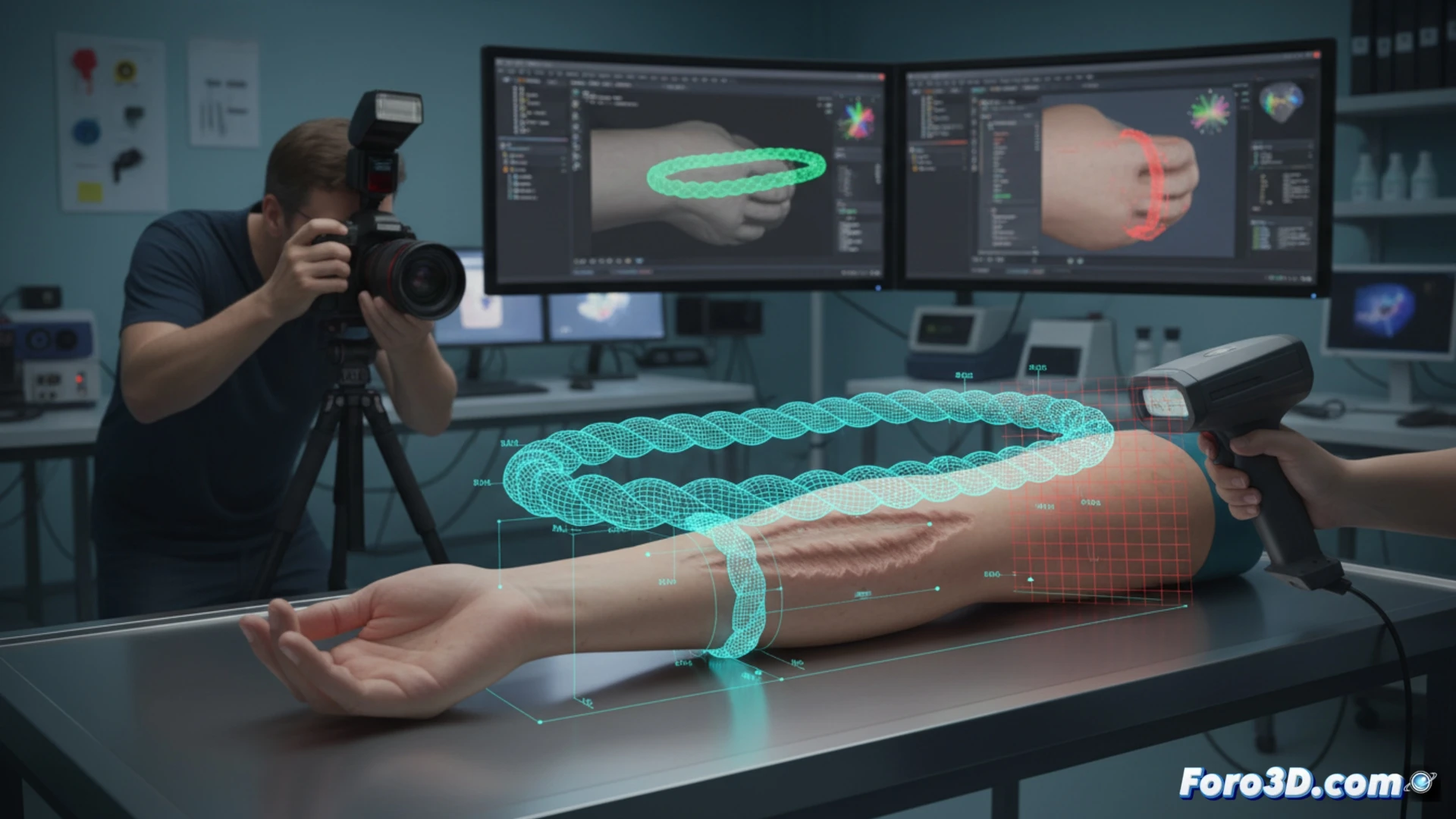 Escaneo 3D forense comparando atadura real con surco cutáneo en modelo digital de piel