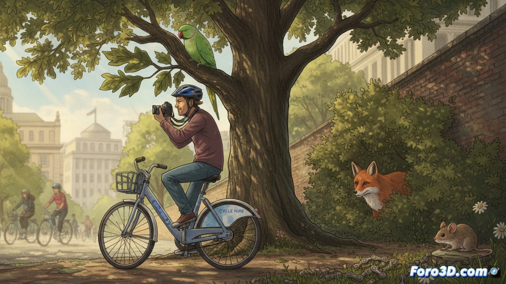 cyclist pedaling through a London park at golden hour, bicycle wheels spinning, a green parrot perched on a branch overhead blending into leaves, a fox emerging from shadows near a bench, a mouse darting across the path, motion blur on wheels and legs, cinematic wildlife photography style, soft natural light filtering through trees, urban greenery in background, photorealistic detail on fur and feathers, dynamic action freezing the hidden animals mid-movement, wide-angle lens perspective showing cyclist and wildlife together