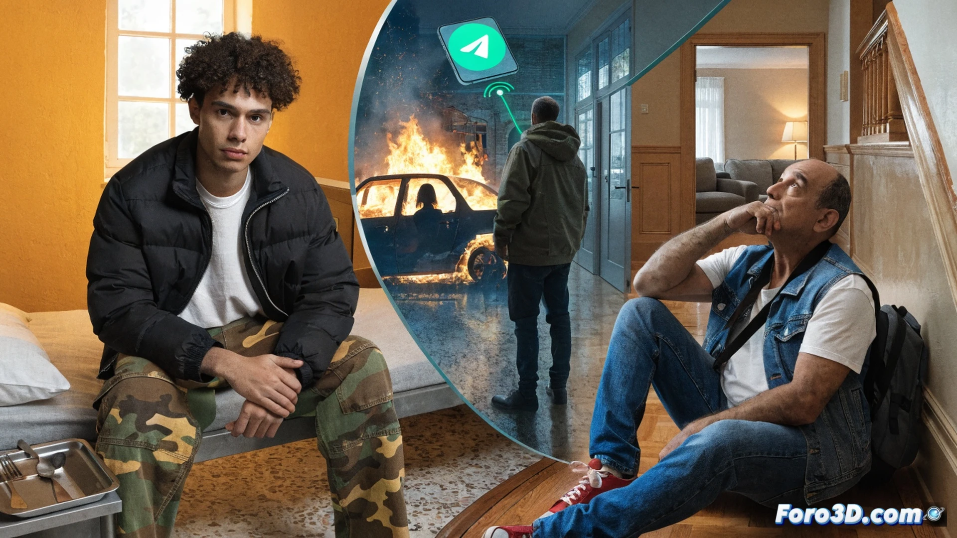 dark alley at night, two hooded figures splashing gasoline on a luxury car parked near a residential house, flames igniting from a dropped match, one figure holding a smartphone showing a Telegram chat interface with payment confirmation, smoke rising, CCTV camera on a pole capturing the scene, cinematic photorealistic style, high contrast lighting, red and orange fire glow reflecting on wet pavement, ultra-detailed textures of brick wall and car metal, dramatic shadows, security camera lens distortion effect, gritty urban atmosphere, motion blur on flames