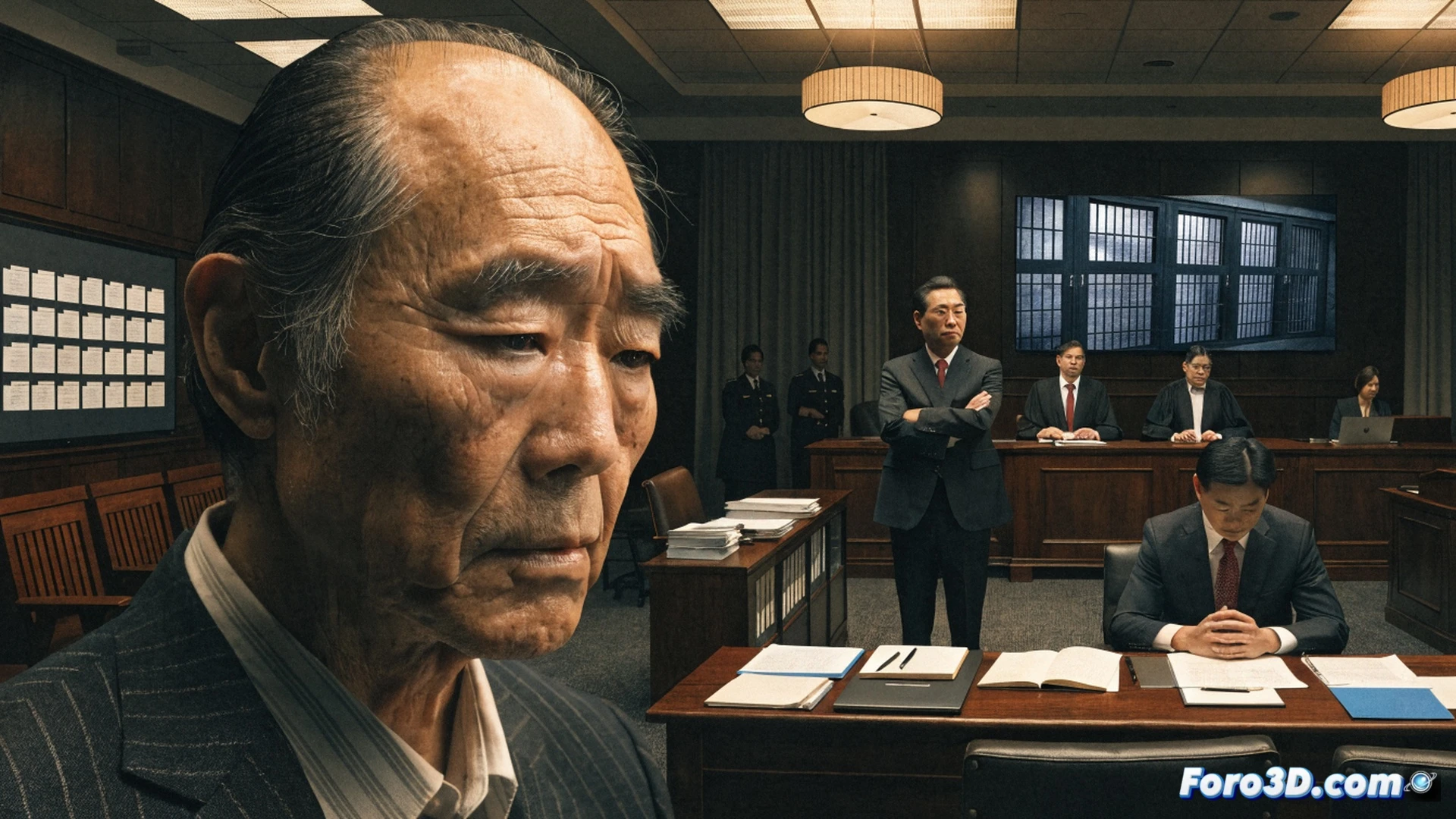 Photorealistic cinematic scene showing a South Korean courtroom interior, a former justice minister in handcuffs being escorted by two uniformed officers, a judge's gavel on a wooden desk in foreground, prison cell blueprints and capacity assessment documents scattered on a lawyer's table, legal code books and a laptop displaying arrest procedure checklists, dramatic overhead lighting casting long shadows, polished wooden benches empty but for a few spectators, cold blue and grey color palette, ultra-detailed textures of legal documents and handcuff metal, technical illustration style with precise architectural lines on the blueprints, demonstrating the moment of accountability after political abuse of power.