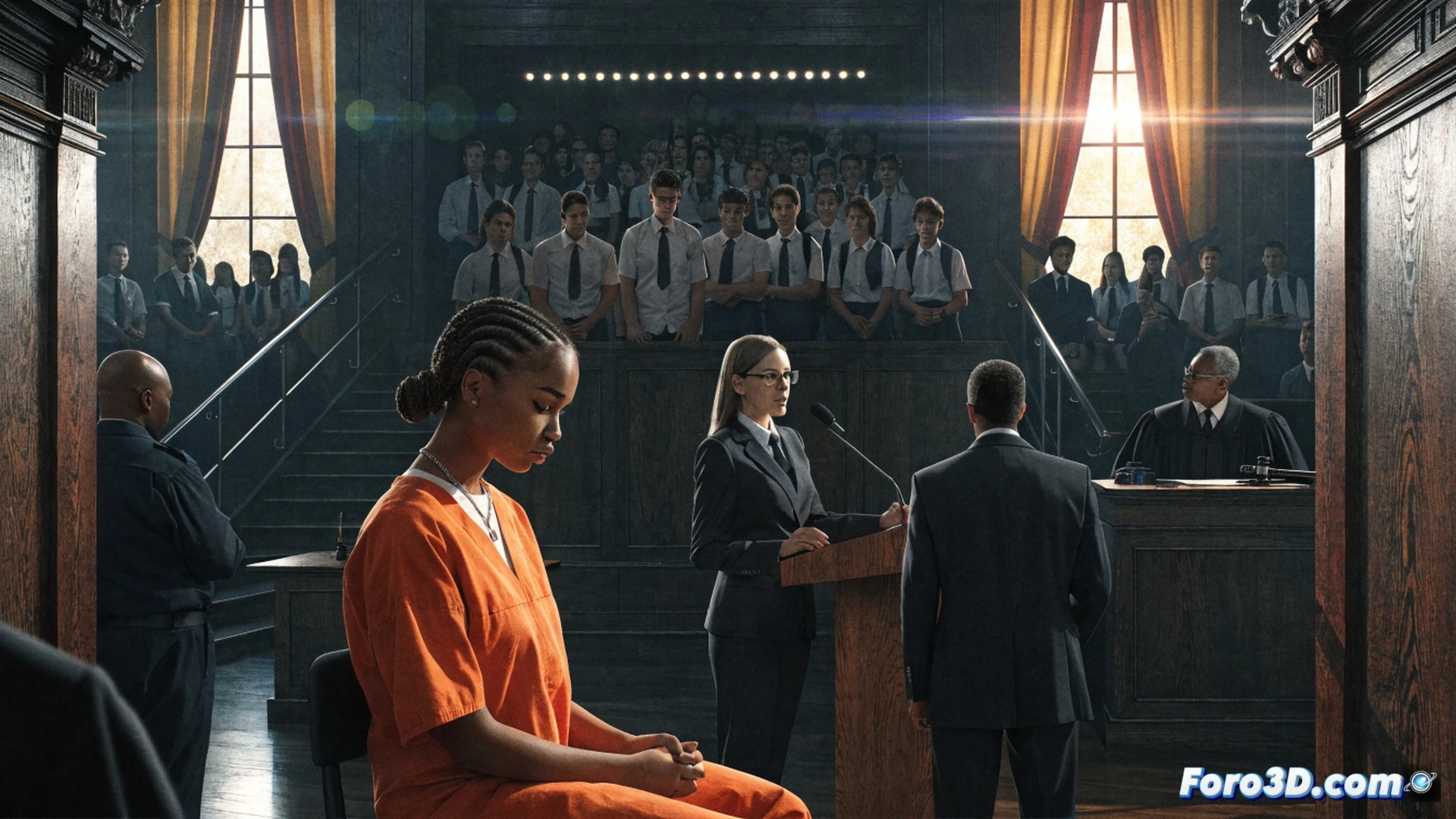 forensic courtroom evidence projection, large monitor displaying school security footage with timestamp overlay, gavel about to strike wooden block in foreground, blurred figure of female defendant in prison uniform behind glass partition, prosecutor pointing at screen showing violent hallway struggle, law books on bench, stern judge in black robe observing, cinematic legal drama style, dramatic chiaroscuro lighting, polished wood textures, leather chairs, photorealistic technical illustration, tense atmosphere with stopped motion effect