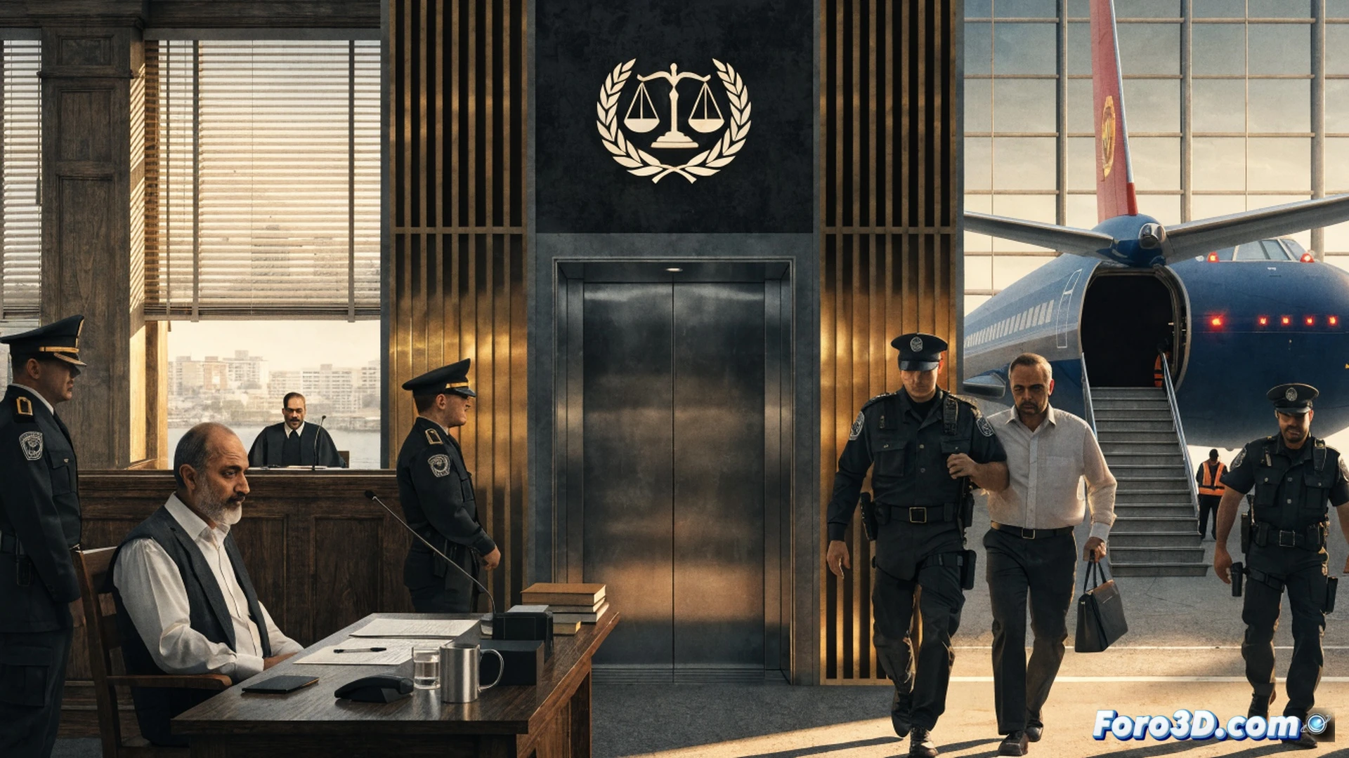 Libyan courtroom scene, former prison director Osama Almasri standing behind metal bars in a cage, judge raising a gavel while reading a verdict document, Italian extradition papers and ICC arrest warrant scattered on a wooden desk, broken handcuffs on the floor symbolizing escaped custody, photorealistic technical illustration, harsh fluorescent lighting casting long shadows, concrete walls with peeling paint, a security camera mounted in the corner recording the process, dramatic tension in the composition, ultra-detailed textures of worn legal files and metal restraints