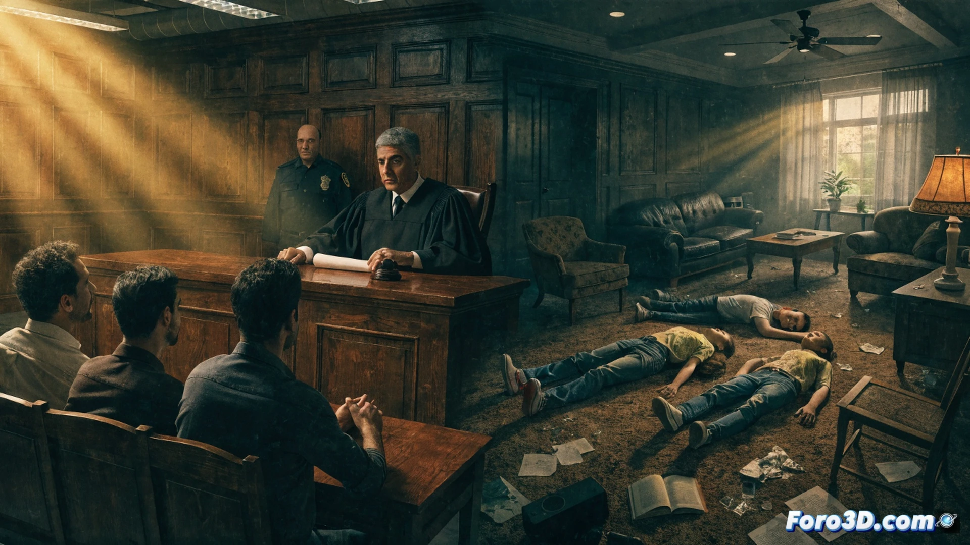 photorealistic scene of a sealed vacation rental room at night, a pesticide sprayer machine on the floor emitting a visible toxic fog, a family of four lying motionless on a bed while a technician in protective gear applies chemicals from a doorway, warning signs and chemical drums visible in the background, forensic evidence markers on the floor, cinematic lighting with harsh shadows from a single bulb, ultra-detailed textures on furniture and plastic sheeting, dramatic tension showing negligence during fumigation process, technical illustration style with realistic toxicology hazard details