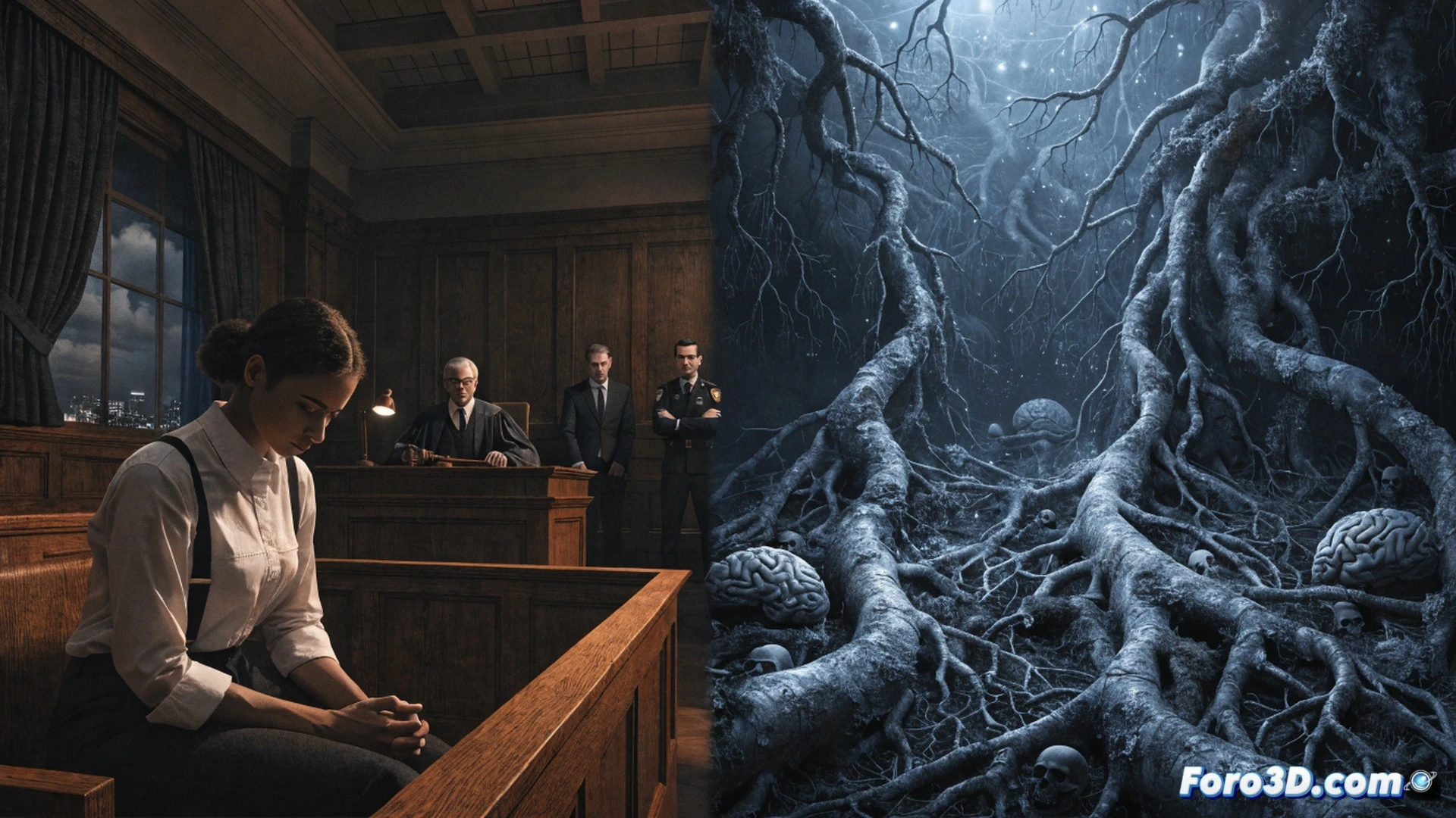 adolescent girl standing in a courtroom dock, her hands cuffed in front, a gavel mid-strike on a wooden block, while behind her a transparent holographic diagram shows a school building with broken windows and a mental health clinic with a closed sign, the judge's bench partially fading into a dark street scene with a gun and a discarded textbook, cinematic photorealistic illustration, dramatic chiaroscuro lighting, deep shadows on the girl's face, high-contrast metallic reflections on the handcuffs, ultra-detailed textures of wood and fabric, forensic evidence markers glowing faintly on the floor, technical courtroom visualization