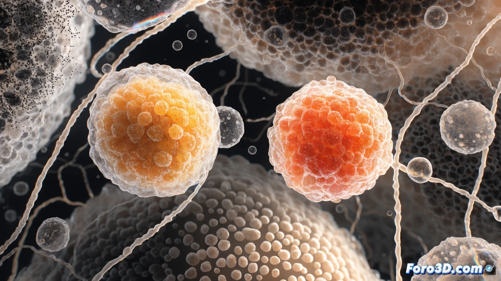 Microscopic view of human cell interior, dozens of liquid droplet condensates forming and merging without membranes, glowing coacervates performing molecular reactions, one droplet splitting into smaller blobs while another absorbs surrounding proteins, Alzheimer-related protein clumps accumulating near a failing condensate, cinematic scientific visualization, soft ambient bioluminescence, high-contrast cellular structures, photorealistic render, ultra-detailed molecular interactions, macro lens effect with shallow depth of field