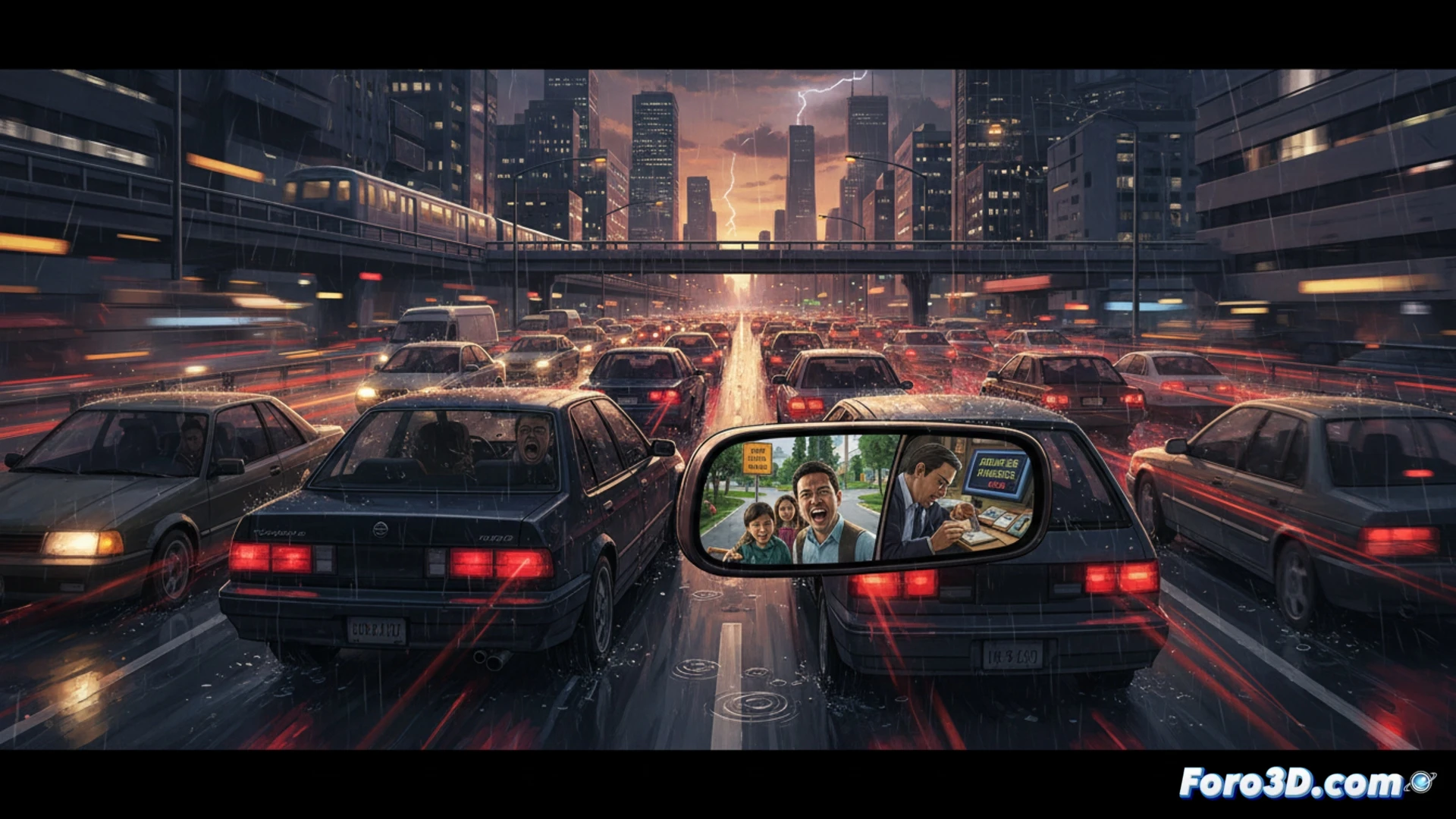 Midnight highway traffic jam, aggressive driver in a red SUV tailgating a slower car, dashboard GPS showing a stressed route timer, rearview mirror reflecting brake lights and impatient gestures, while a nearby billboard displays a safety slogan ignored by all, cinematic photorealistic style, high-contrast urban lighting, metallic vehicle reflections, motion blur on surrounding cars, dashboard glow on driver’s tense hands, technical detail of traffic flow and brake heat distortion