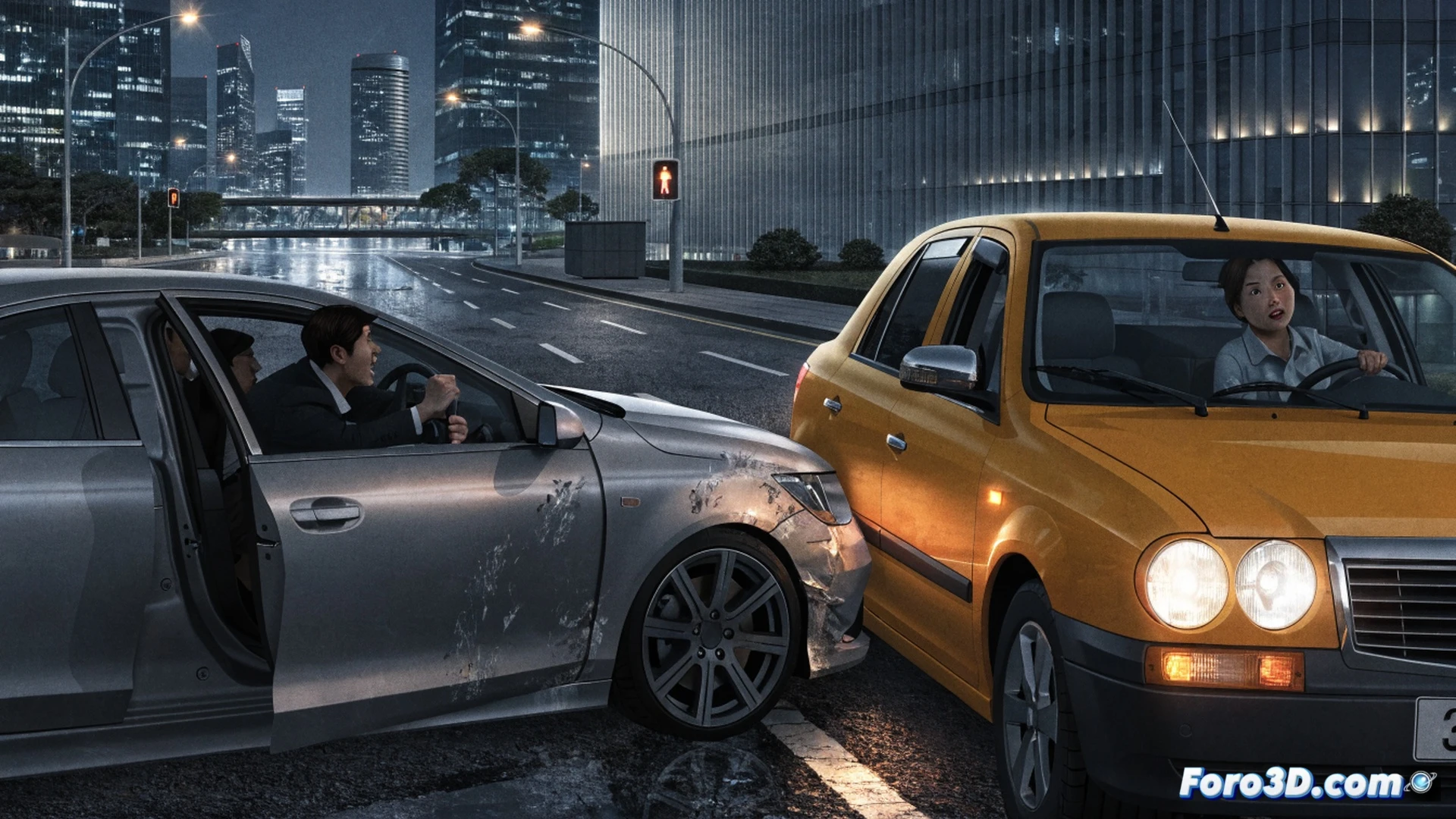 single-lane road in Singapore at dusk, a private-hire car aggressively cutting off a taxi, brake lights glowing red as the taxi rear-ends the private-hire car, collision impact with shattered plastic debris and fluid leaking, another driver in a nearby car looking shocked while the private-hire driver gestures angrily, cinematic photorealistic rendering, wet asphalt reflecting street lamps, dashboard camera angle showing the moment of crash, metallic car panels crumpled, realistic Singaporean traffic signage, dramatic tension in the scene, ultra-detailed vehicle damage, high-contrast urban lighting