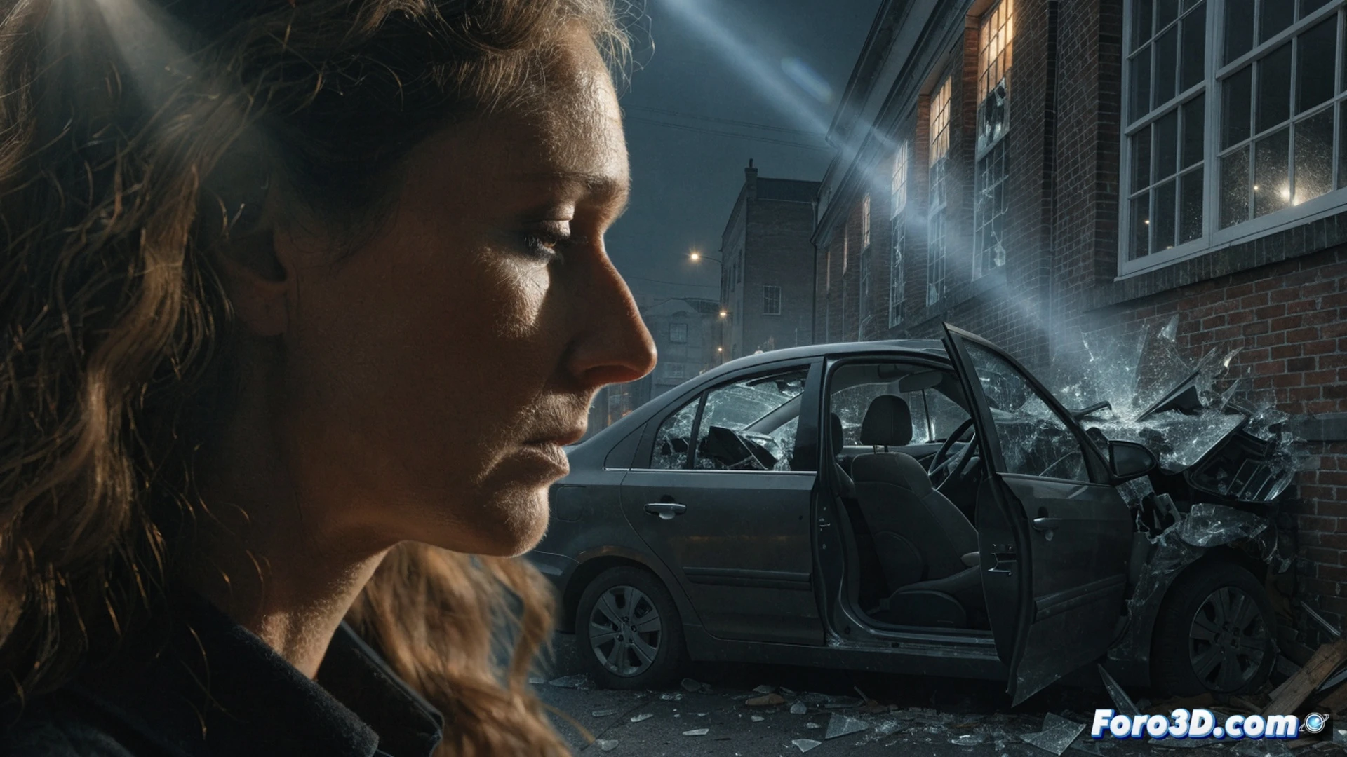 Forensic reconstruction of a silver SUV crashing through a school fence, impact deformation on front bumper and hood, shattered glass fragments suspended mid-air, crumpled metal panels absorbing kinetic energy, tire marks on pavement during emergency braking, concrete wall collision point with visible structural damage, photorealistic accident reconstruction visualization, cinematic lighting with dramatic shadows, motion blur around vehicle wheels, debris particles scattering outward, blue and red emergency lights reflecting on wet road surface, ultra-detailed vehicle damage analysis, technical forensic engineering render