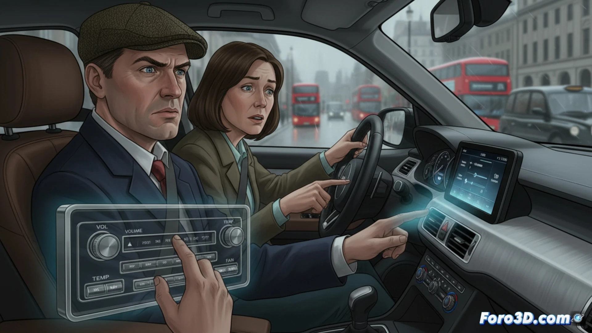 A driver s hand reaching toward a glossy center console screen, fingers pressing a climate control menu while the car is moving on a rainy motorway, blurred headlights and taillights visible through the windshield, the screen shows multiple layered menus and sliders, a physical volume knob and button cluster are visibly disconnected or dimmed in the lower dashboard, frustrated expression reflected faintly on the screen surface, cinematic photorealistic visualization, cold blue interior ambient lighting, motion blur on the road and steering wheel, highlighting the slow interaction process during driving, ultra-detailed dashboard textures and glass reflections