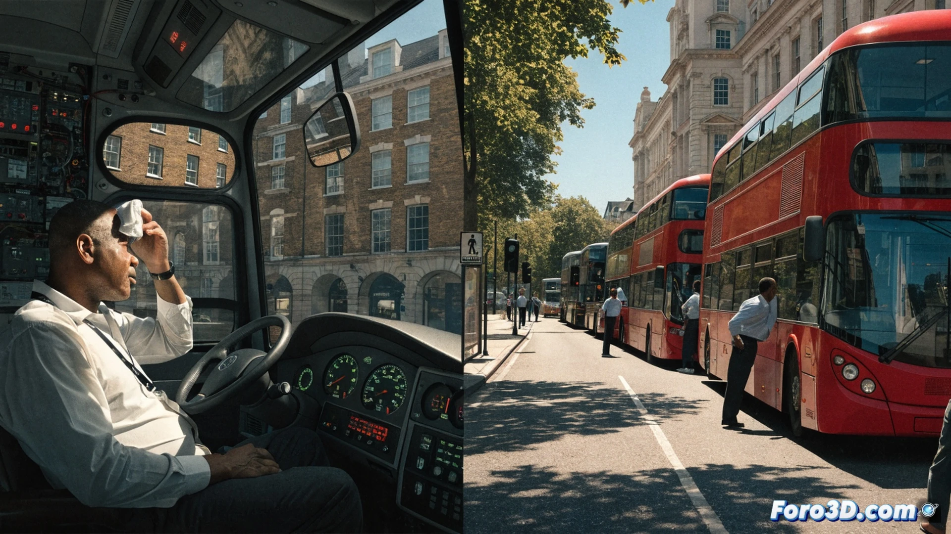 red double-decker bus stopped on a London street, driver leaning out of open window wiping sweat, dashboard thermometer showing 38 degrees Celsius, passengers fanning themselves inside, sun blazing through windscreen, heat haze rising from asphalt, no air conditioning vents visible, engine compartment heat shimmer, cinematic photorealistic urban scene, intense summer sunlight, sweat droplets on driver's face, condensation on windows, metallic bus body reflecting heat, dramatic heatwave atmosphere, ultra-detailed bus interior and exterior, realistic London cityscape background