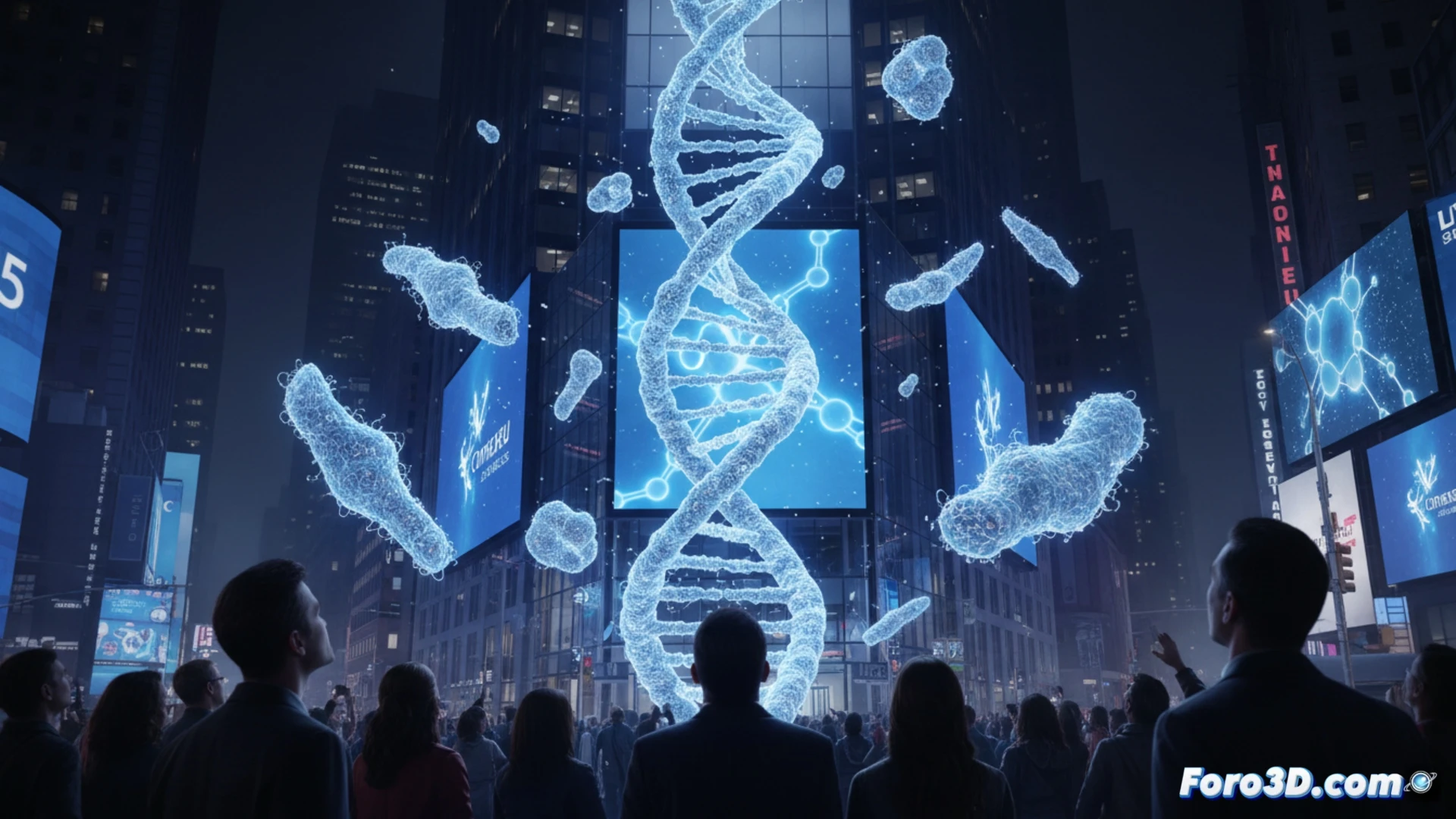 Una matriz regenerativa en 3D, con fibras entrelazadas y células creciendo, sobre un fondo de Nasdaq, simbolizando tejidos reabsorbibles en cirugía reconstructiva.