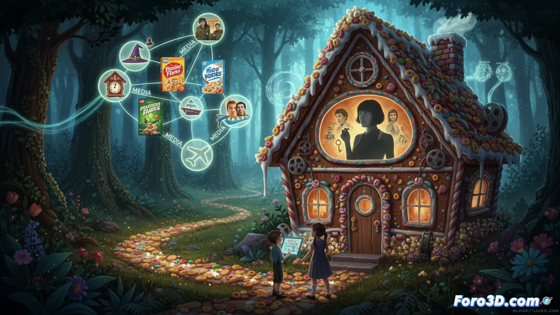 photorealistic technical illustration of a wooden cottage interior, a glowing oven door open revealing red-hot coals, breadcrumbs scattered across a stone floor forming a trail, a witch silhouette holding a tablet showing NYT Connections puzzle grid, forest visible through a small window, Hansel and Gretel figures crouching near oven, cereal boxes stacked on a shelf labeled with Demi Moore movie posters, cinematic lighting from oven casting orange shadows, ultra-detailed textures of wood grain and breadcrumbs, dramatic contrast between dark corners and warm firelight