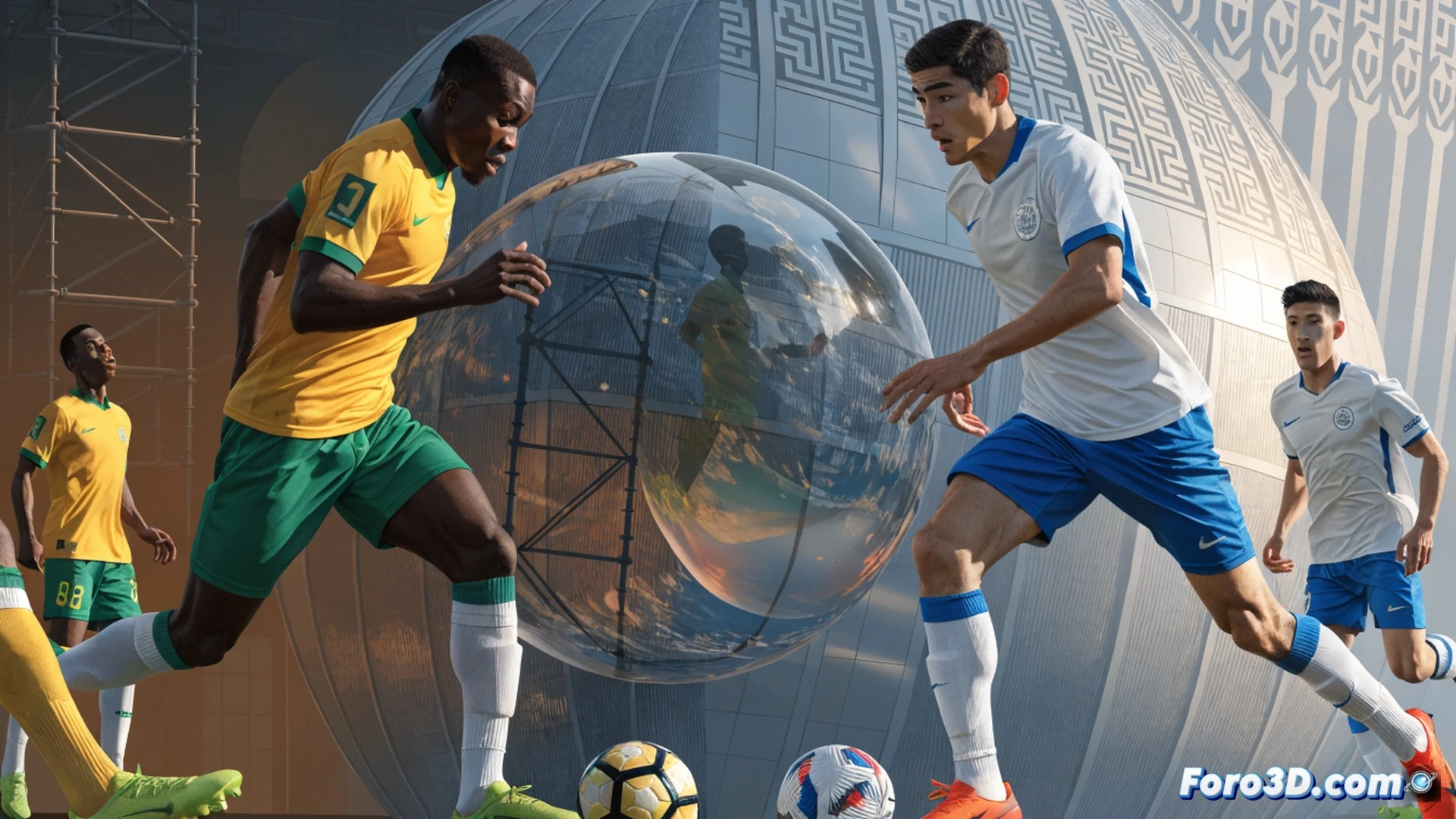 A packed stadium at dusk, two football teams mid-action during a counterattack, a Congolese striker in green lunging to connect with a low cross, Uzbek defender sliding desperately, grass turf scattering under cleats, dramatic floodlight beams cutting through haze, photorealistic sports cinematography, motion blur on the ball and players' legs, sweat droplets frozen in mid-air, intense facial expressions showing determination, ultra-detailed kit textures, high-contrast golden-hour lighting with deep shadows, cinematic wide-angle lens perspective