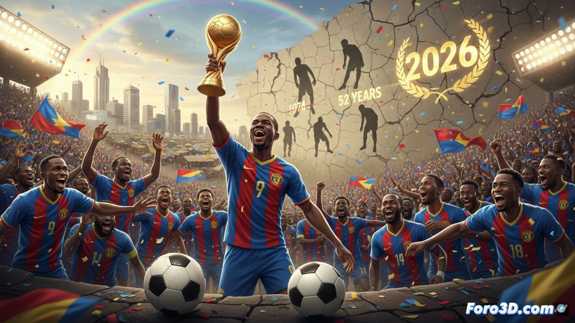 fútbol sudamericano, estadio nocturno abarrotado, jugadores de la República Democrática del Congo celebrando una clasificación al Mundial, saltando en grupo bajo lluvia artificial de humo dorado, camisetas verdes con detalles técnicos de compresión deportiva, sudor y barro visibles en piel y ropa, balón oficial detenido en el aire durante el festejo, brazos levantados mostrando venas y músculos tensos, fondo de gradas con bengalas rojas y amarillas, marcador electrónico apagado sin texto, iluminación dramática de reflectores cruzados, estilo cinematográfico photorealistic, profundidad de campo reducida, grano de película ligero, atmósfera de euforia contenida
