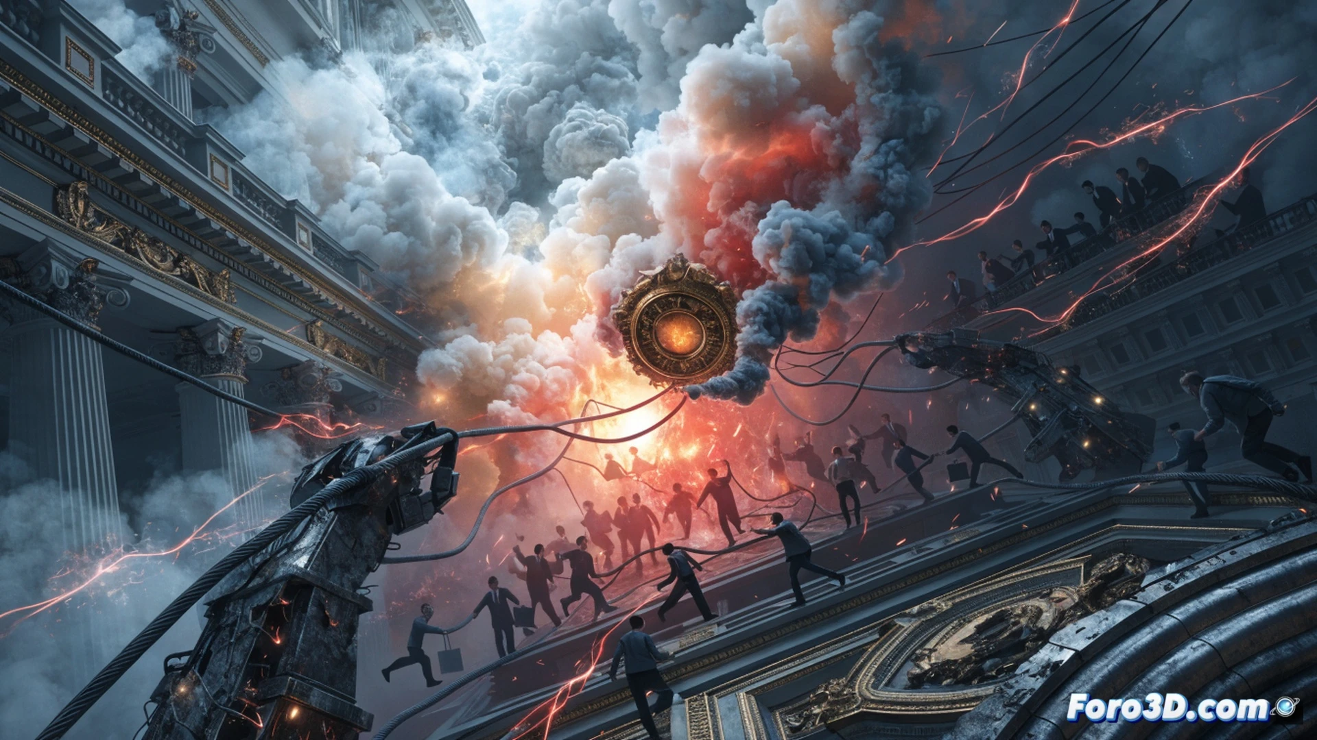 Split view of a crumbling government building facade on the left, financial charts and a safe deposit box on the right, a giant crack running from the political side toward a stack of shrinking coins, a broken clock and tangled wires visible inside the crack, cinematic photorealistic technical illustration, dramatic chiaroscuro lighting, smoke rising from the building, coins with subtle motion blur as if shrinking in real time, ultra-detailed stone texture and metallic safe elements, tense atmosphere showing direct cause-effect between political gridlock and personal finance erosion
