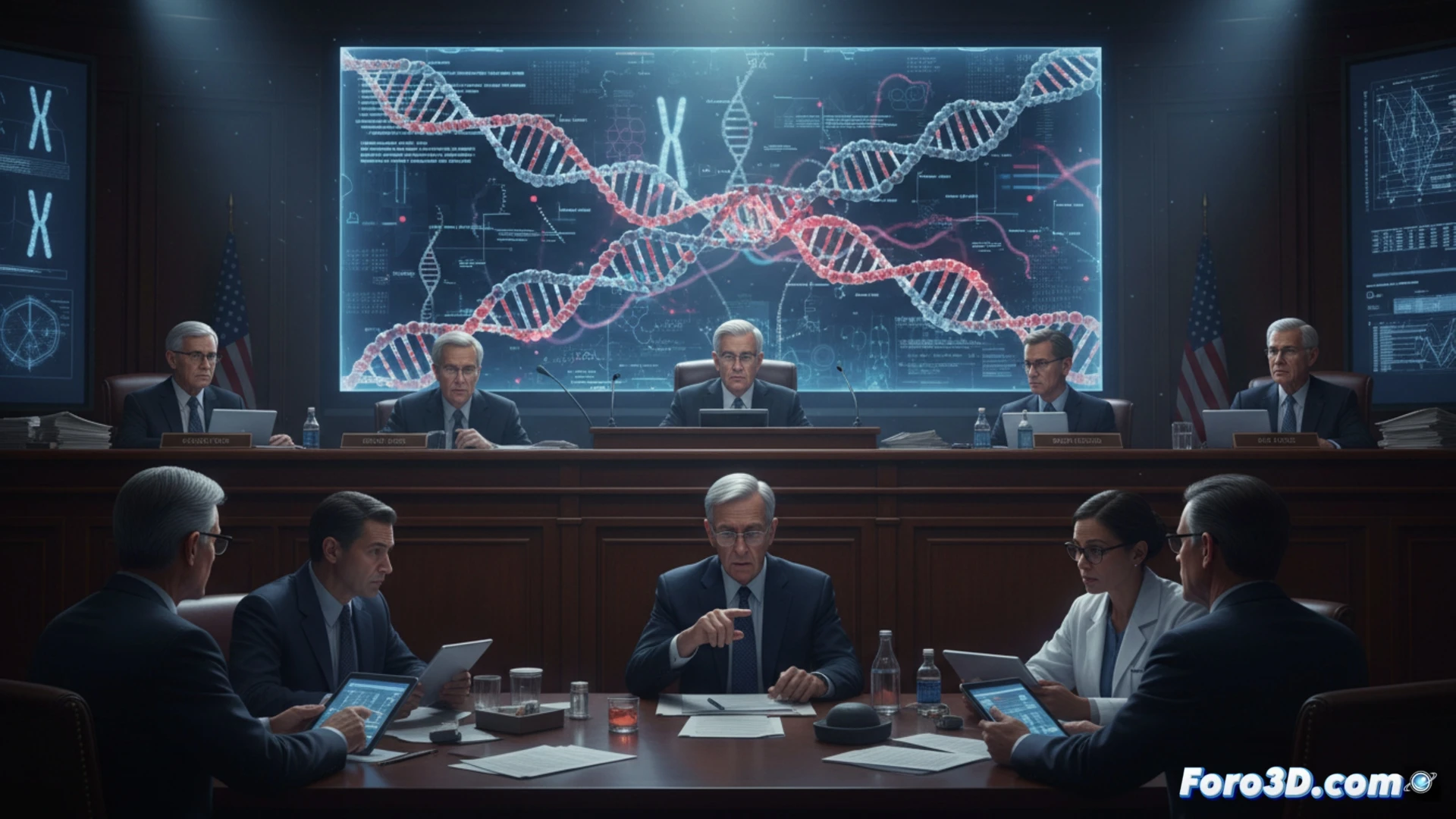 A scientist in a sterile lab coat inspecting a DNA synthesizer machine, glowing vials of synthetic gene fragments being loaded into a sequencer, a holographic monitor displaying a hidden bioweapon sequence camouflaged within normal gene code, a red warning alert flashing on the screen while a robotic arm moves a vial labeled with biohazard symbol, technical illustration style, high-contrast cool blue and amber lighting, photorealistic engineering visualization, precise mechanical details, dramatic shadows, ultra-sharp focus on the suspicious gene sequence
