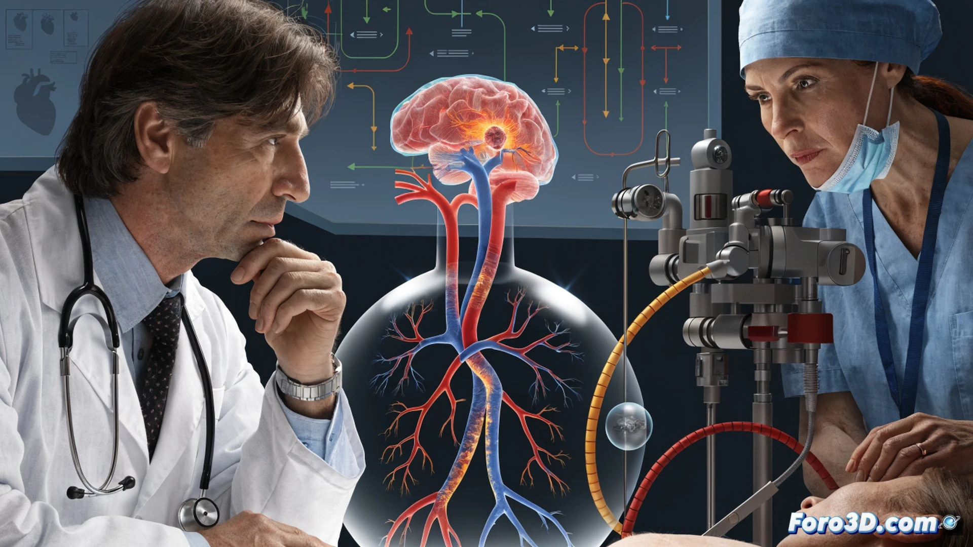 photorealistic medical scene showing a general practitioner and a vascular radiologist standing side by side in a bright consultation room, reviewing a patient’s digital angiogram on a large medical monitor, the GP holds a tablet with a referral checklist while the radiologist points at a vascular abnormality on the screen, a patient in a hospital gown sits on an examination bed in the background, minimal invasive treatment tools like a catheter and stent model are visible on a sterile tray, soft clinical lighting, clean white walls, collaborative atmosphere, cinematic technical illustration