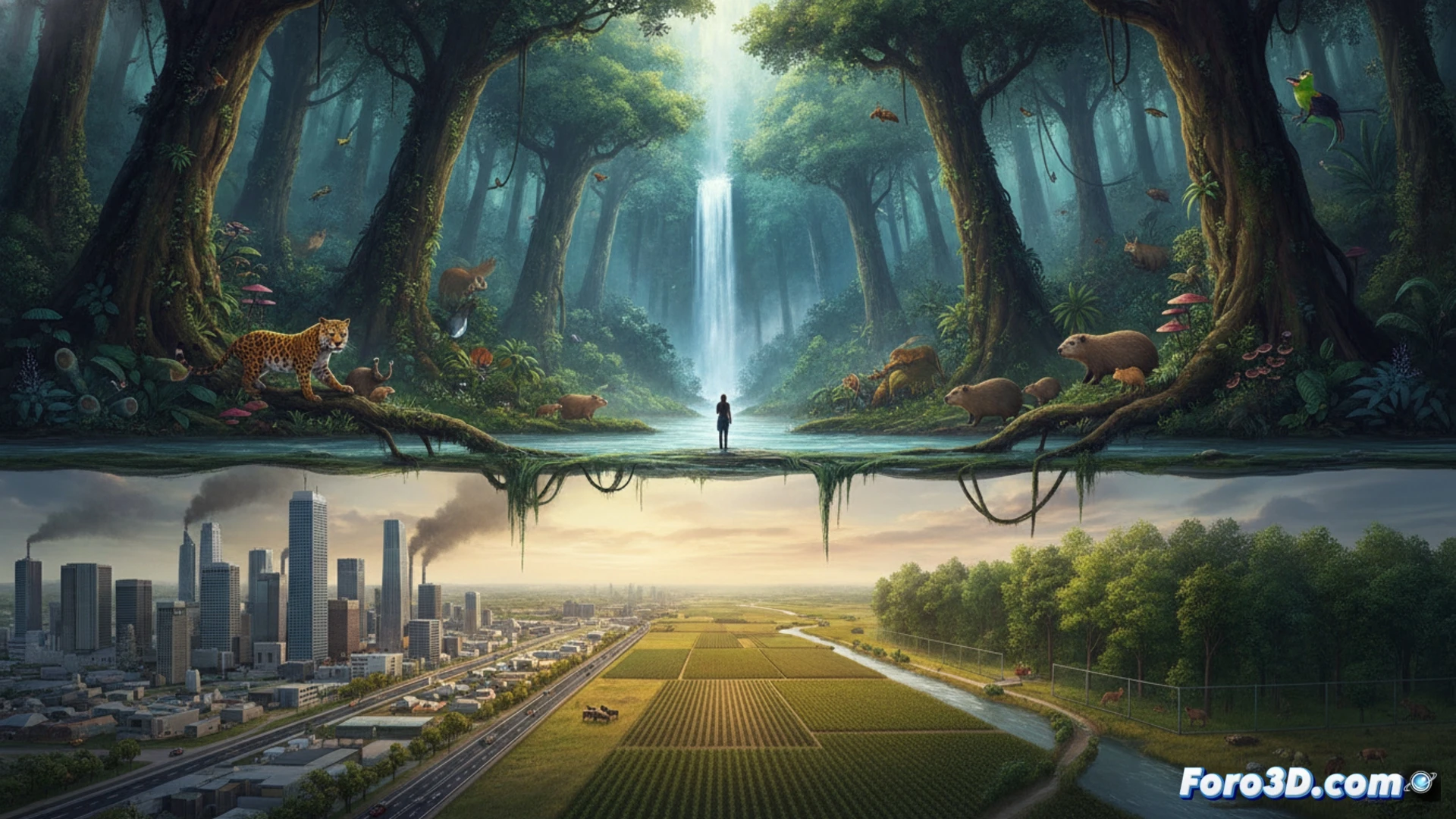 Aerial split-view of a dense agricultural patchwork and a compact eco-city bordering a vast protected wilderness, a surveyor in hi-vis vest using a tablet with GIS mapping software, drone flying overhead during boundary monitoring, bulldozer parked at the edge of a cultivated field showing land-use transition, photorealistic technical illustration, golden hour sunlight casting long shadows over crop rows and forest canopy, realistic terrain textures, engineering visualization style, balanced composition between human development and natural preservation