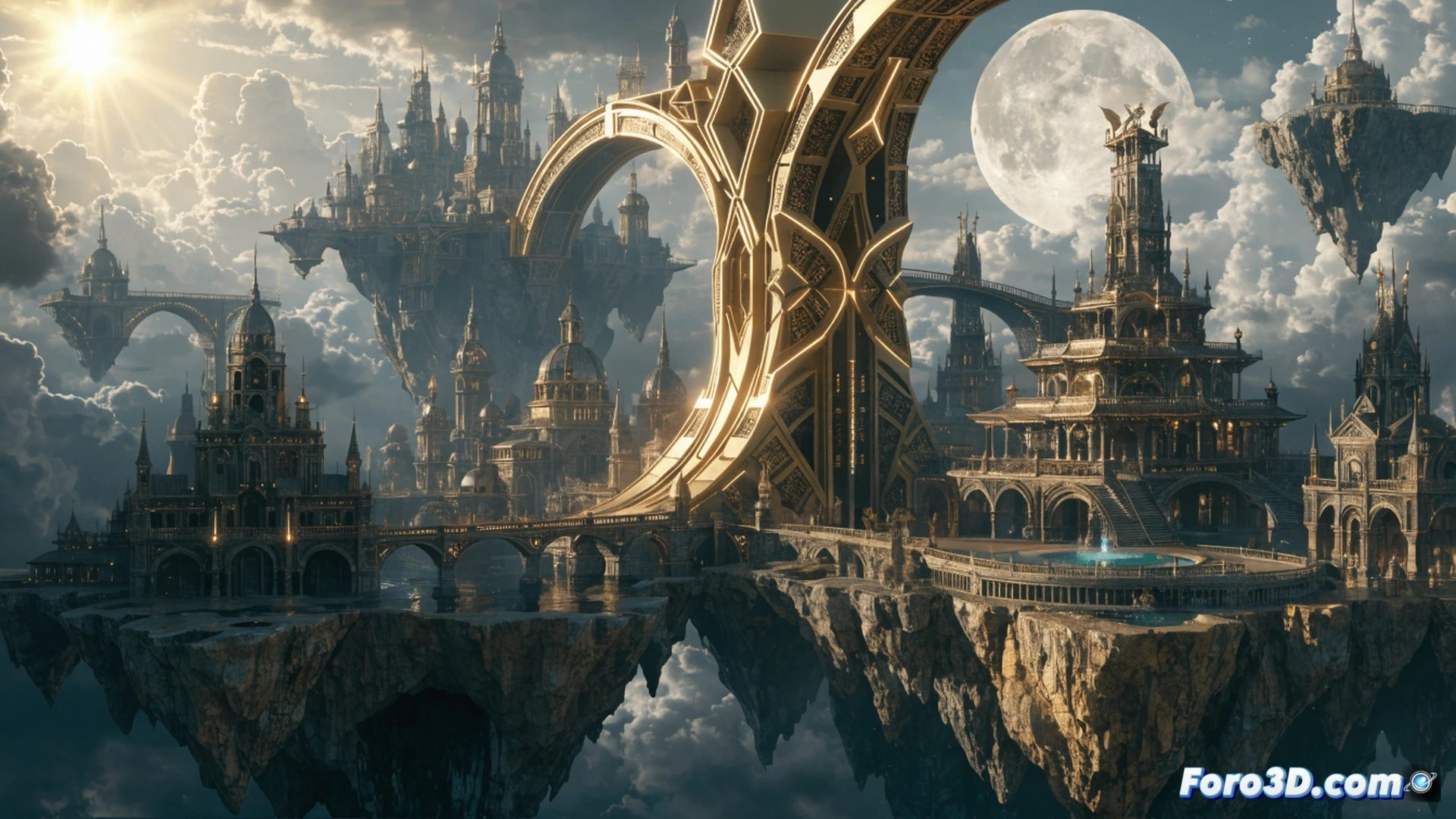 digital artist sculpting a futuristic cityscape in Blender, wireframe overlay showing geometric architecture, sun and moon symbols integrated into building facades, Photoshop layers panel visible on side monitor, stylized floating islands with glowing bridges, cinematic worldbuilding visualization, soft volumetric lighting, concept art aesthetic, detailed texture mapping on domed structures, process of narrative-driven environment design, photorealistic architectural render