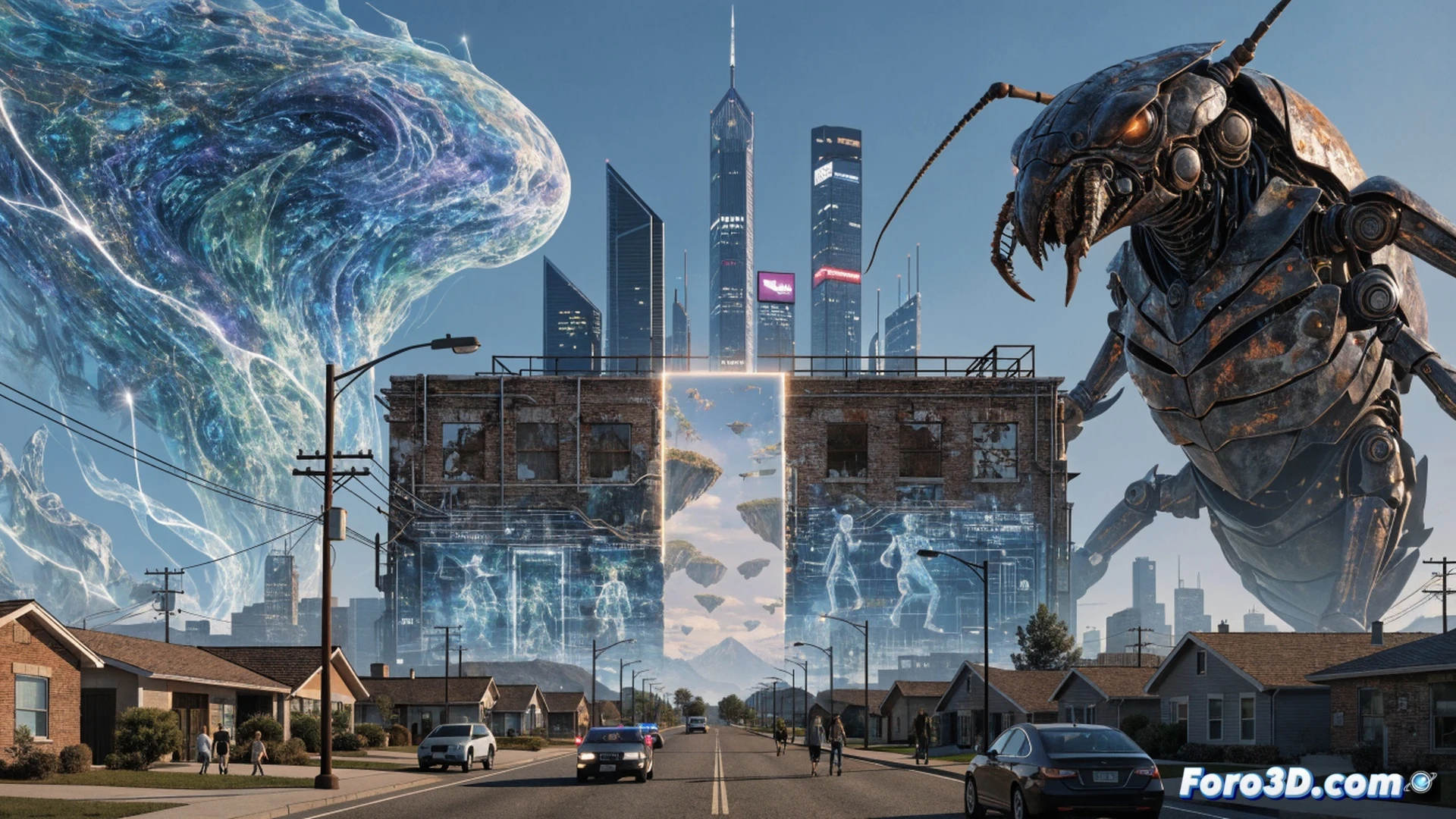 cinematic photorealistic scene of digital creatures and landscapes being built in real-time on a curved monitor, a virtual Albuquerque community forming with glowing wireframe structures, technical artists adjusting particle systems and lighting effects in a dark studio, multiple monitor setup showing VFX software interfaces with timelines and node graphs, collaborative team huddle discussing creature animation on a large display, dramatic blue and orange lighting, ultra-detailed reflections on screens, motion blur on cursor movements, realistic digital render process
