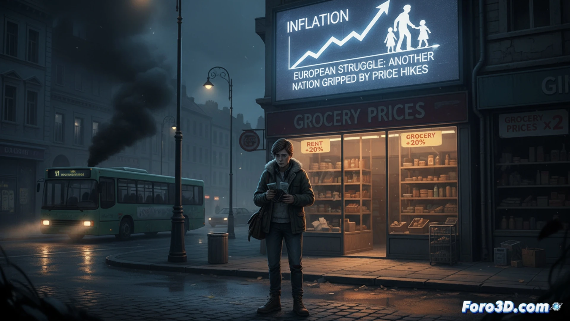 European newspaper front pages floating in mid-air showing inflation graphs and price arrows pointing up, a person at a kitchen table staring at a shrinking wallet while a distant figure in another country holds a similarly empty wallet, both surrounded by rising rent contracts and supermarket receipts, the person’s coffee cup half-empty, a magnifying glass hovering over the foreign newspaper instead of the local bills, cinematic photorealistic style, moody indoor lighting with cold blue tones, shallow depth of field emphasizing the contrast between local suffering and distant news, ultra-detailed textures on paper and fabric, dramatic shadow play on the table surface
