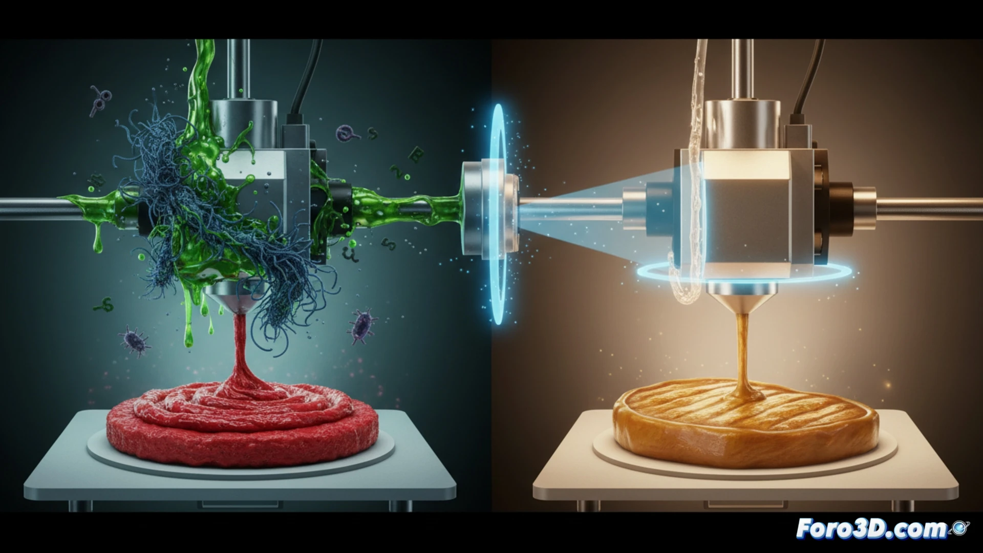 Impresora 3D alimentaria con boquilla sucia y residuos de filamento, destacando riesgo de contaminación cruzada en cocina