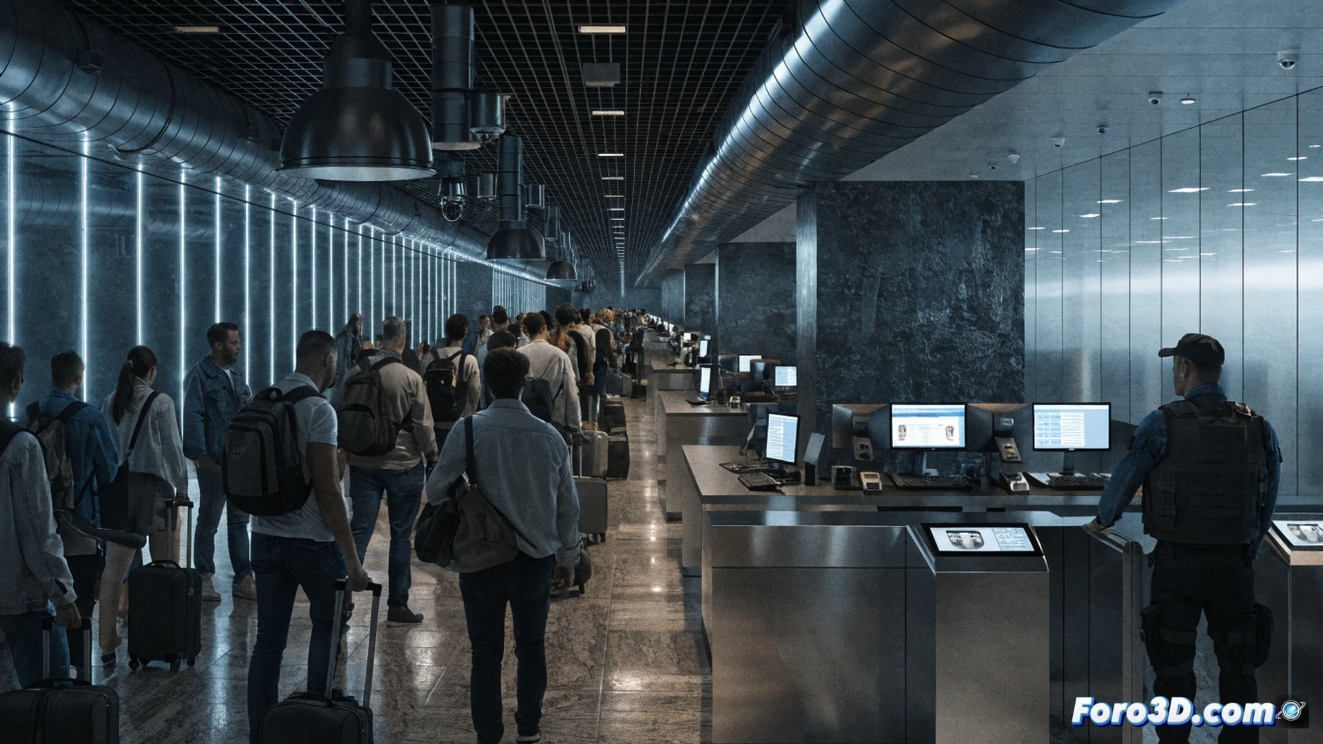 Passengers standing in a long, snaking queue inside a modern airport terminal, waiting at a row of automated border control e-gates, frustrated travelers checking watches while a single overwhelmed officer stands behind a glass booth, multiple e-gates showing red error screens and idle status, biometric scanners blinking but unused, empty staff desks visible behind the barrier, harsh fluorescent lighting reflecting off polished floors, claustrophobic crowd density, tired faces, luggage piled up, cinematic photorealistic style, wide-angle lens emphasizing depth and stagnation, cold blue-gray color palette, hyper-detailed airport architecture, documentary-style technical illustration.
