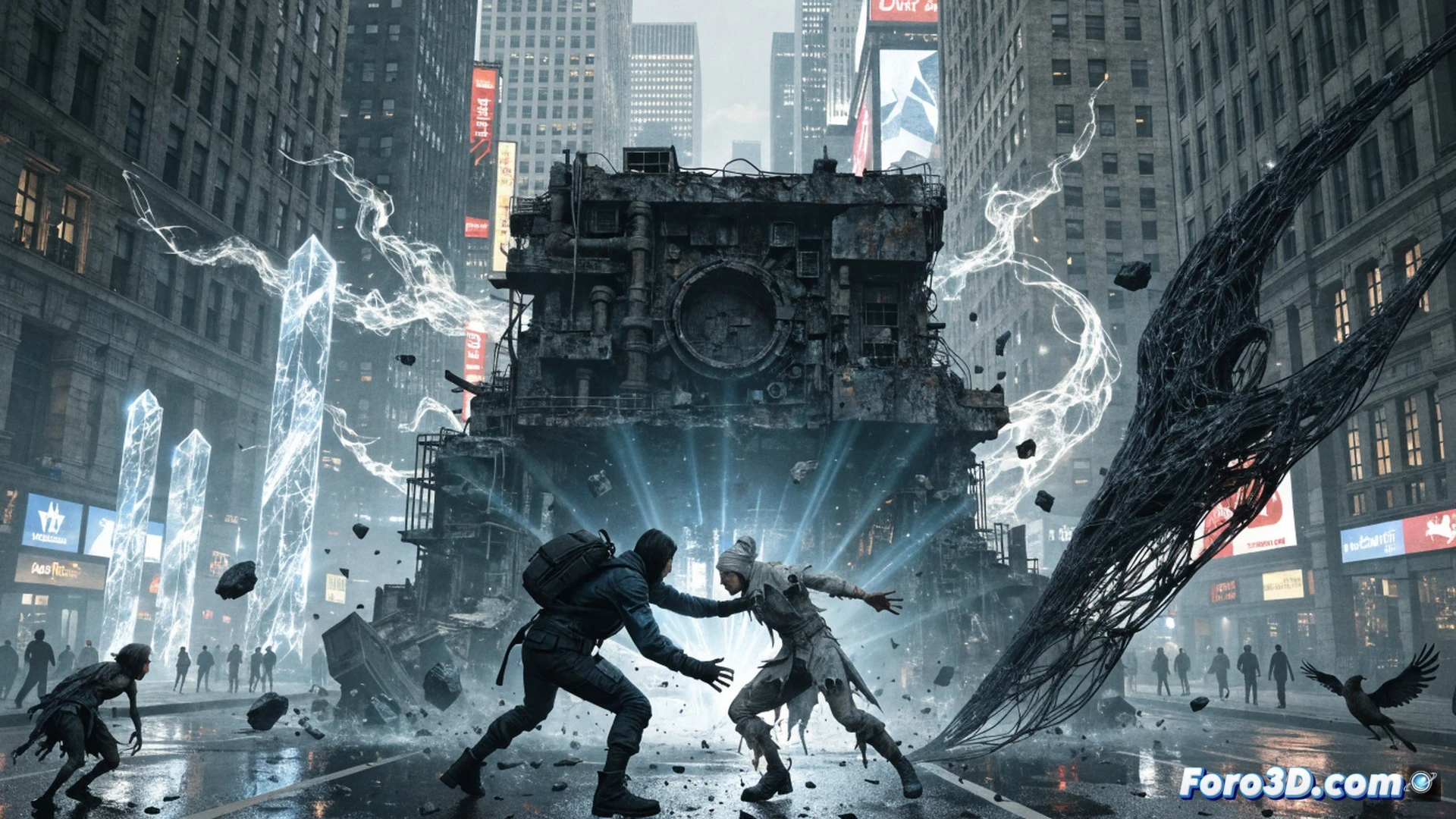 A massive glowing geometric monolith cracks through a Manhattan street, debris suspended mid-air while a figure in a red trench coat delivers a brutal punch to a floating crystalline creature, neon lights distorting across wet asphalt, concrete chunks and shattered glass scattering, abandoned taxis with flickering headlights, surreal floating geometric shapes casting sharp shadows, photorealistic cinematic action scene, high-contrast lighting with deep reds and electric blues, dynamic motion blur, gritty urban textures merging with organic alien forms, ultra-detailed architectural destruction, immersive chaos atmosphere