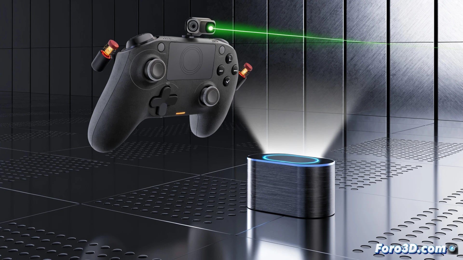 Steam Controller resting on magnetic charging dock, small camera mounted on base pointing at controller, vibration pulses visualized as glowing directional arrows on the controller surface, process of alignment and self-docking in progress, camera lens with infrared beam tracking the controller, magnetic connectors glowing blue, technical engineering visualization, photorealistic industrial lighting, metallic textures, subtle motion blur on controller during descent, ultra-detailed plastic casing, dark background with dramatic rim lighting