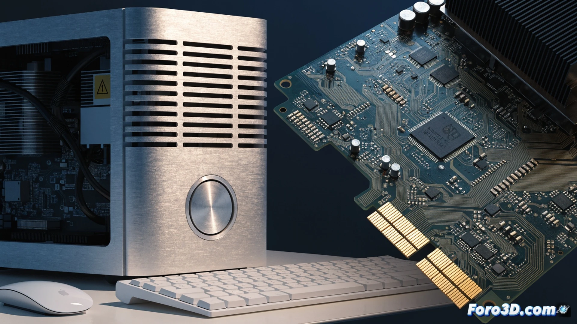Power Mac G5 motherboard with ATI R300 GPU chip being actively probed by a multimeter, oscilloscope screen showing signal waveforms, Linux kernel code lines scrolling on a monitor in background, cooling fan blades spinning, thermal paste residue on heat sink, vintage aluminum case open, technical engineering visualization, dramatic workshop lighting, dust particles illuminated in air, photorealistic industrial render