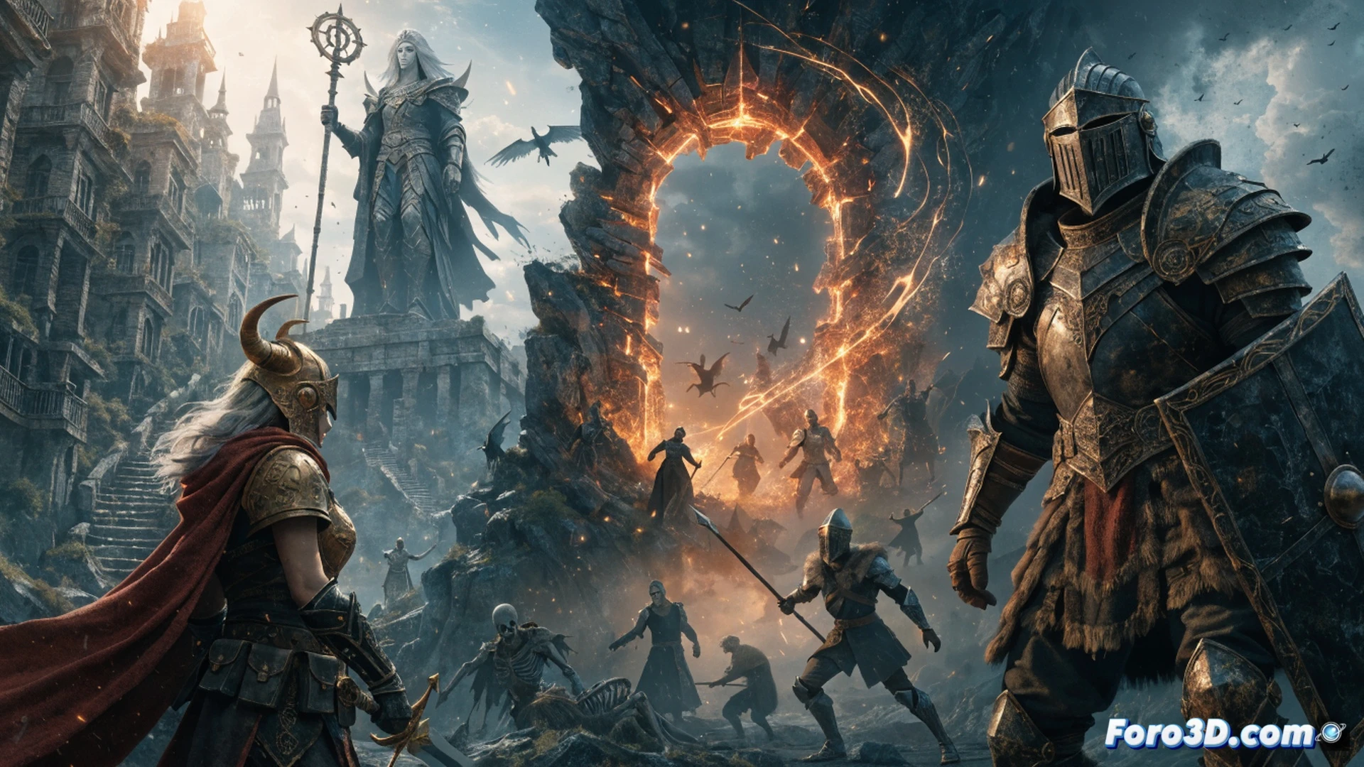medieval fantasy warrior wielding a glowing new weapon enchanted with blue lightning, casting a massive frost spell toward a crumbling Leyndell city gate, golden tree roots overtaking stone structures, spectral enemies dissolving into particles, cinematic dark fantasy scene, dynamic combat action, particle effects and spell trails illuminating the ruins, volumetric fog and dramatic god rays, ultra-detailed armor textures, photorealistic fantasy render, epic scale and motion blur