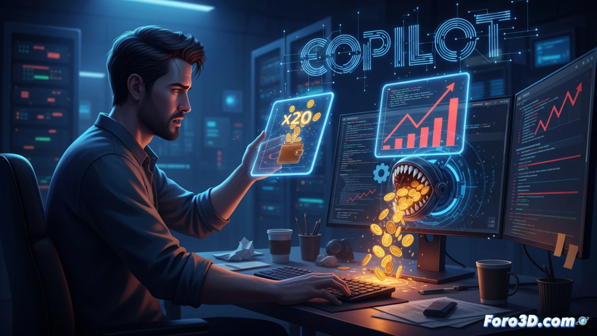 photorealistic technical illustration of a computer monitor displaying a GitHub Copilot pricing dashboard, a developer’s hand hovering over a mouse while a red warning icon pulses next to a token counter skyrocketing from 29 to 750, a cracked open wallet spilling coins onto the desk behind the screen, scattered code syntax lines fading into dollar sign symbols, dramatic overhead studio lighting casting sharp shadows, ultra-detailed keyboard and mouse, cinematic financial tech visualization, high-contrast industrial mood, engineering precision render