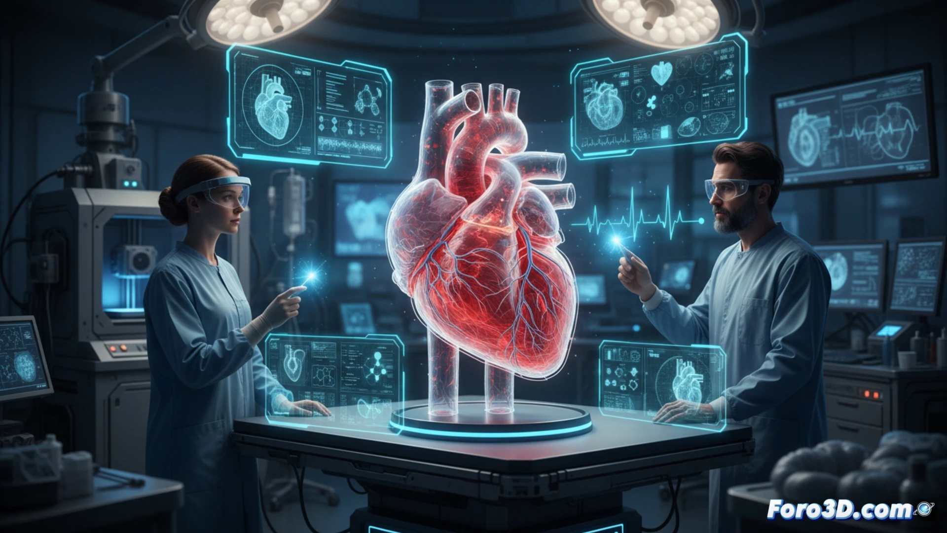 photorealistic medical visualization of a translucent 3D-printed heart model suspended in a sterile lab, glowing red fluid flowing through coronary arteries during a simulation, a surgeon in white coat pointing at a holographic display showing real-time blood flow data, robotic arm holding a micro-sensor touching the heart surface, blue LED monitors in background displaying cardiac waveforms, soft dramatic overhead lighting, hyper-detailed silicone texture, cinematic engineering aesthetic