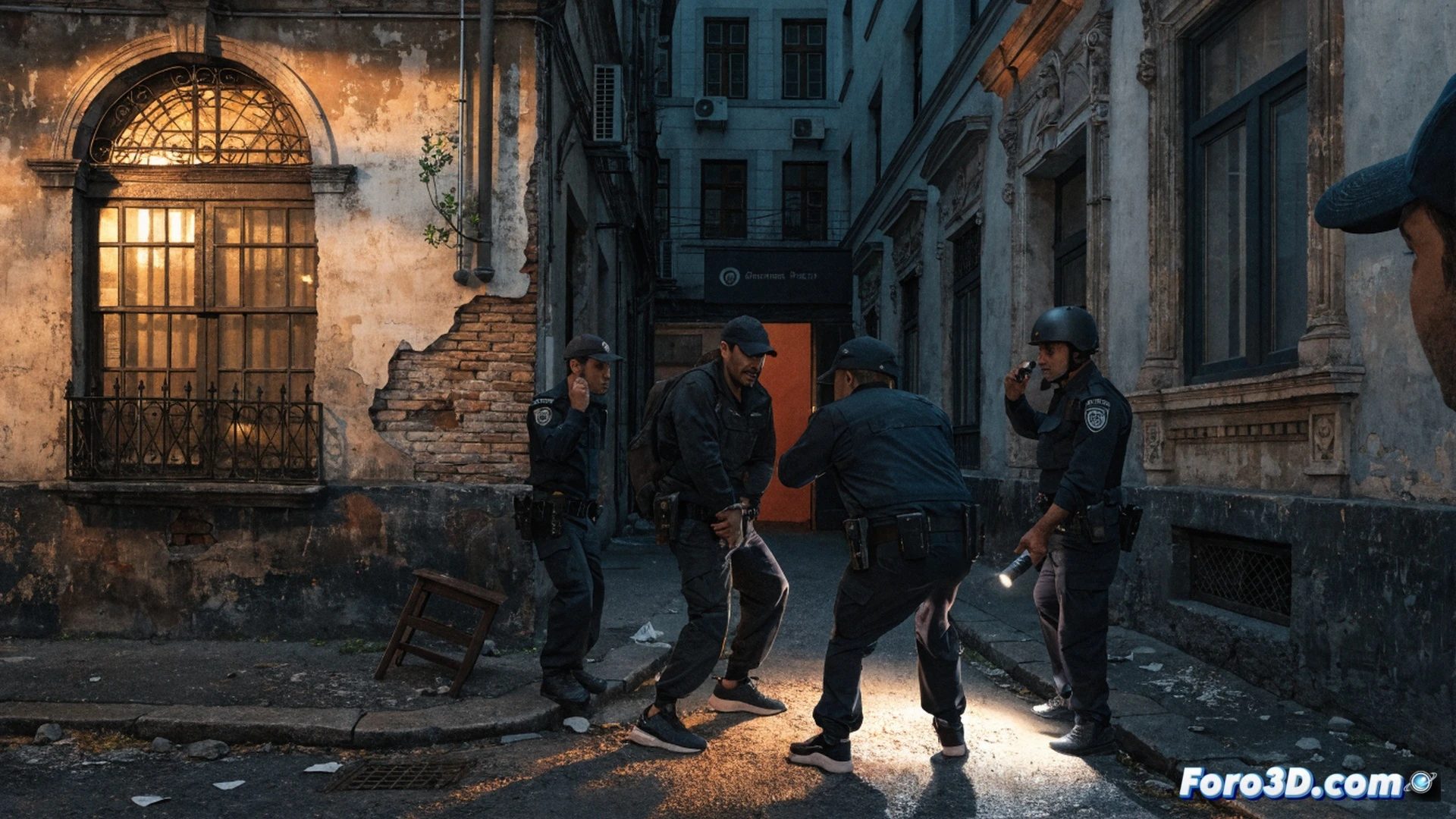 Calle residencial de Córdoba al atardecer, fachada de edificio con persianas bajadas, hombre encapuchado asomándose cautelosamente desde una ventana entreabierta mientras agentes de paisano lo interceptan en la acera, mostrando el momento exacto de la detención, cámara en mano de un policía con identificación, luz tenue de farola y sombras alargadas, estilo cinematográfico de thriller policial, enfoque nítido en la acción, realismo fotográfico, atmósfera tensa y clandestina