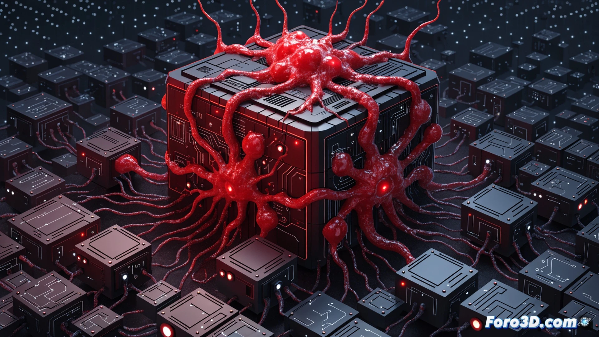 Cordyceps CI/CD pipeline attack scene, compromised GitHub repository interface showing code injection during automated build process, malware payloads flowing through deployment chain into multiple application servers, broken security padlock icons on repository nodes, red alert lines connecting 300+ compromised repos, technical cybersecurity visualization, cinematic dark mode interface with glowing red attack vectors, server racks in background with cascading failure indicators, photorealistic engineering render, dramatic blue and red lighting, ultra-detailed code blocks and network topology diagrams