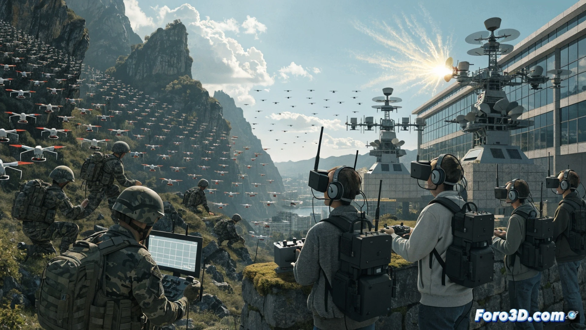 A squadron of small low-cost military drones launching in synchronized waves from a South Korean urban defense installation, operators monitoring multiple holographic tactical displays showing real-time drone feeds and flight paths, anti-air radar systems scanning mountainous terrain in background, drone swarm demonstrating coordinated attack formation against simulated North Korean artillery targets, cinematic photorealistic technical visualization, dramatic dusk lighting with glowing orange sky, ultra-detailed drone propellers and sensor payloads, motion blur from ascending drones, tactical command center with glowing screens, realistic military hardware textures