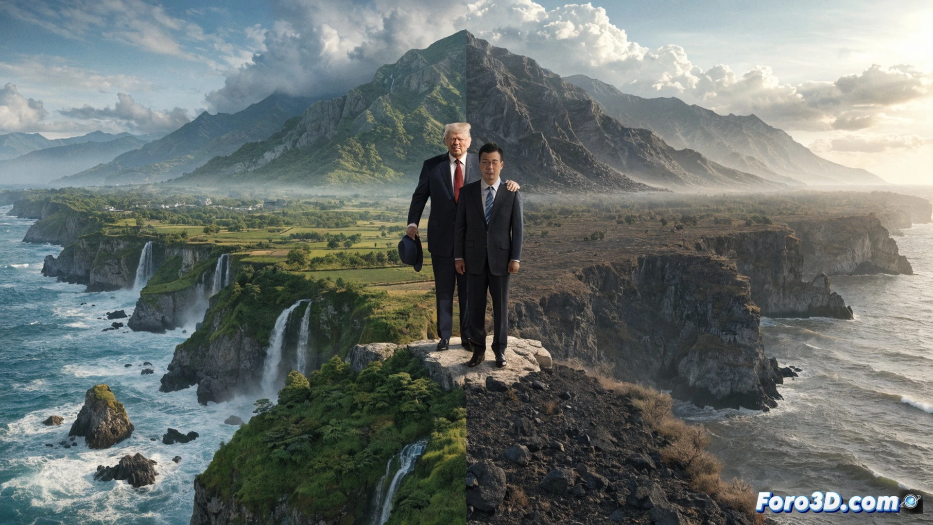 photorealistic cinematic scene of a South Korean presidential office, Lee Jae Myung extending a formal diplomatic document toward Donald Trump across a polished negotiation table, Trump gesturing toward a holographic map showing Korean Peninsula with glowing peace zones and Middle East conflict regions side by side, military tension indicators dimming on the hologram while economic stability charts rise, technical visualization with sleek modern interior, glass walls reflecting Seoul skyline, dramatic soft lighting, ultra-detailed facial expressions, diplomatic atmosphere, photorealistic engineering visualization
