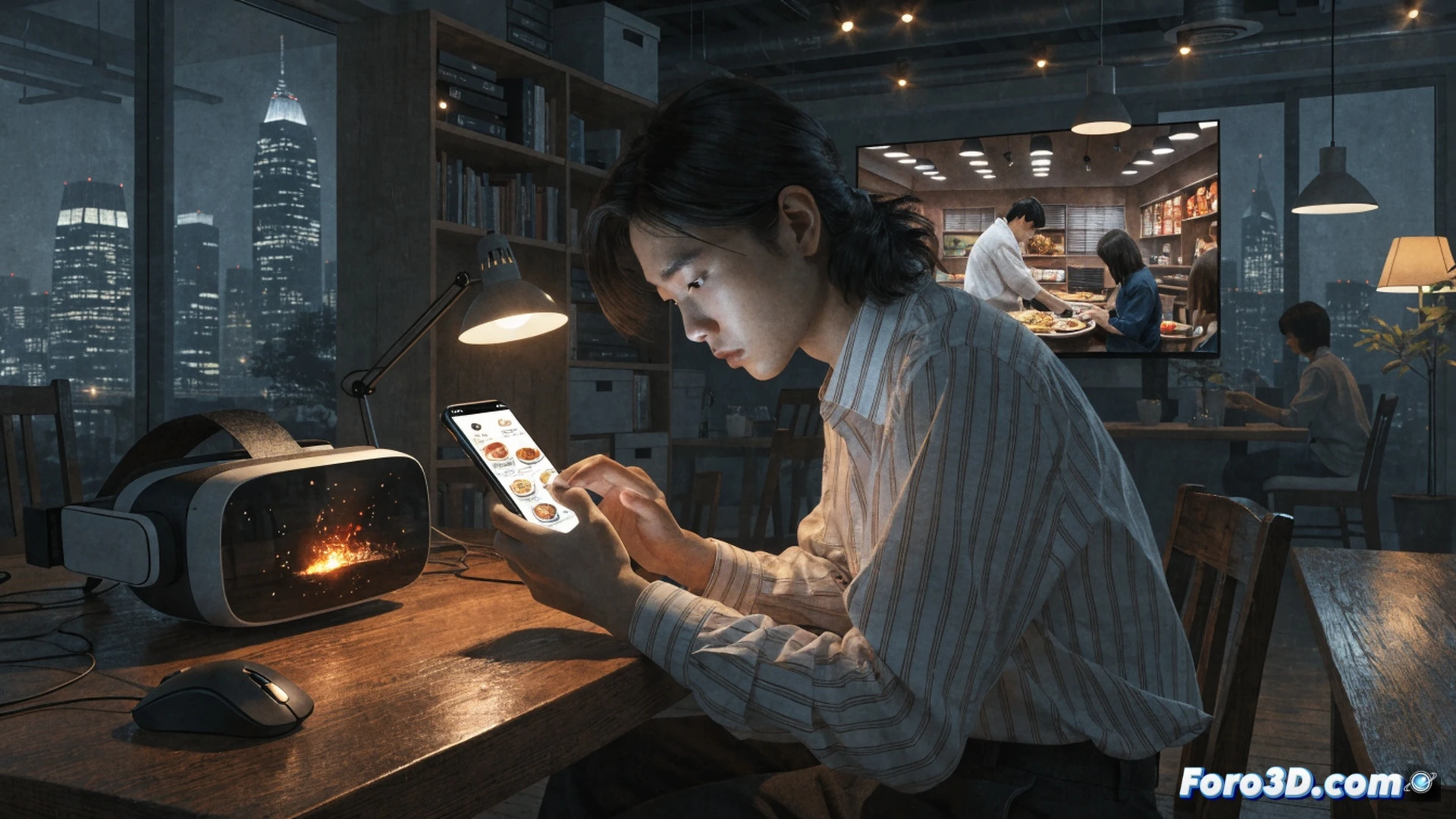 young South Korean man sitting alone in a dimly lit room, holding smartphone displaying a food delivery app simulation, thumb hovering over confirm order button while empty takeout containers scatter nearby, another device beside him showing a virtual cigarette smoking app with glowing ember effect, cracked plaster walls and sparse furniture suggesting economic hardship, cinematic photorealistic style, cold blue and grey color palette, shallow depth of field focusing on screens and hands, soft melancholic light from monitors casting long shadows, ultra-detailed textures of worn clothing and screen reflections, technical digital illustration