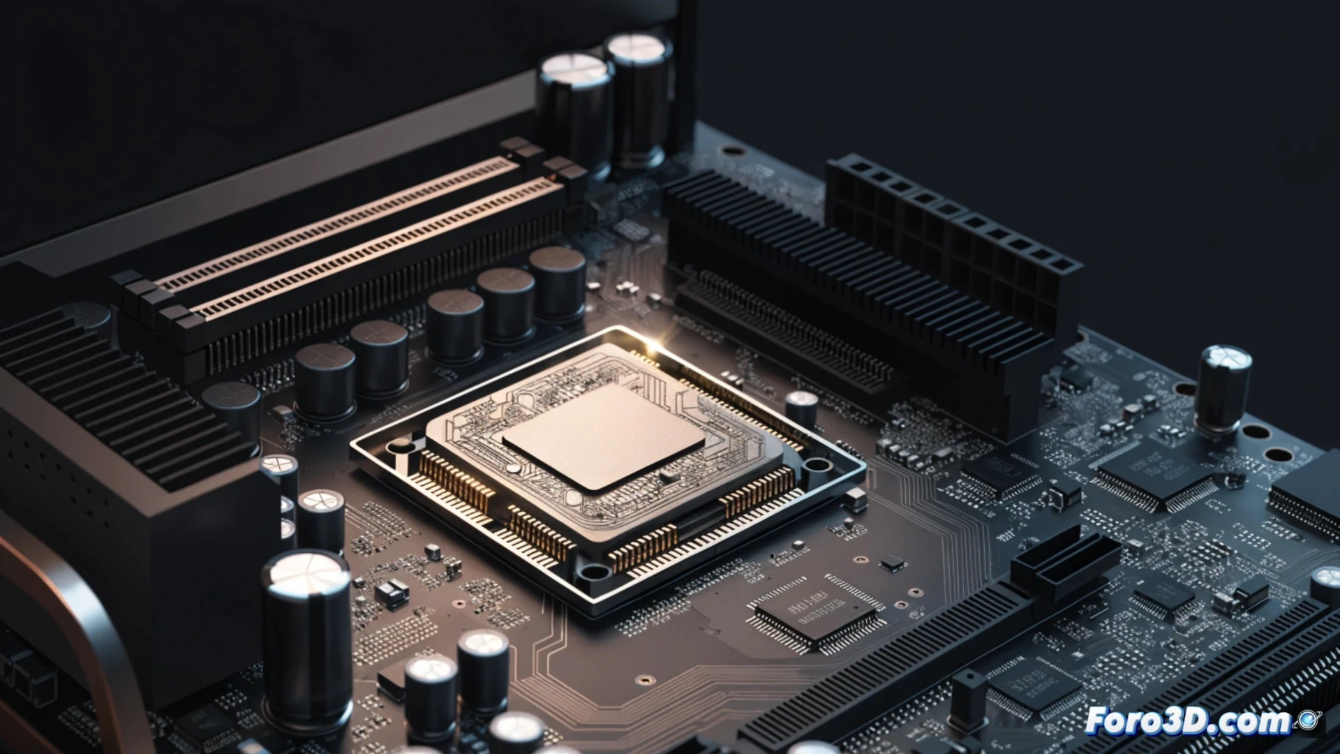 Photorealistic technical illustration of a motherboard with AMD Ryzen 9000 CPU socket, a technician’s hand inserting a USB flash drive labeled Coreboot while a monitor shows a black screen with no display output, a GPU heatsink removed revealing bare silicon, diagnostic LED glowing red on the motherboard, cables disconnected and scattered, dim workshop lighting, dusty components, engineering visualization style, cinematic close-up showing the contrast between advanced hardware and failed graphics initialization, ultra-detailed circuit traces, metallic pins, realistic shadows, dramatic industrial atmosphere, 4K technical render.