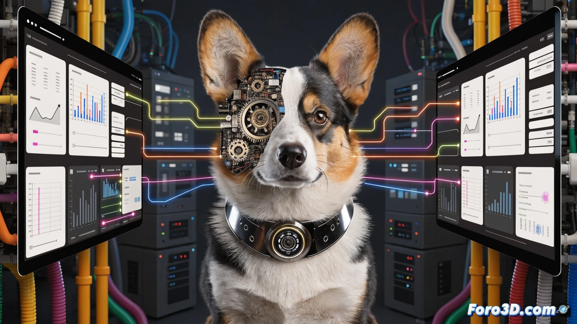 Corgi startup founder arguing with open-source developer in neon-lit hacker space, laptop screens showing mirrored UI interfaces, AI code generation tool outputting identical button layouts while source code scrolls behind, legal documents with ethics clauses floating between them, glowing AI brain symbol above Corgi logo, shattered original icon pieces on floor, cinematic photorealistic render, dramatic shadows from monitor light, tense hand gestures during accusation moment, blurred open-source code repository in background, metallic robotic arm typing while human watches