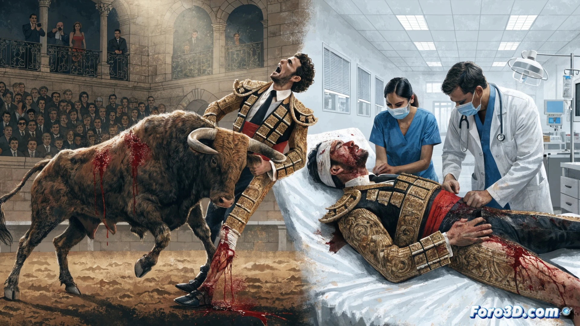 Torero siendo levantado por el toro durante la cornada doble en la plaza de Moralzarzal, asta penetrando el muslo izquierdo cerca de la arteria femoral, sangre arterial brotando mientras el capote cae al ruedo, piernas y tórax con heridas abiertas, arena manchada de rojo, fondo de gradas con público en shock, iluminación de tarde con sombras dramáticas, estilo cinematográfico fotorrealista, textura de piel y tela ensangrentada, movimiento congelado en el momento del impacto, ultra detallado, representación técnica de la trayectoria del cuerno y la anatomía lesionada