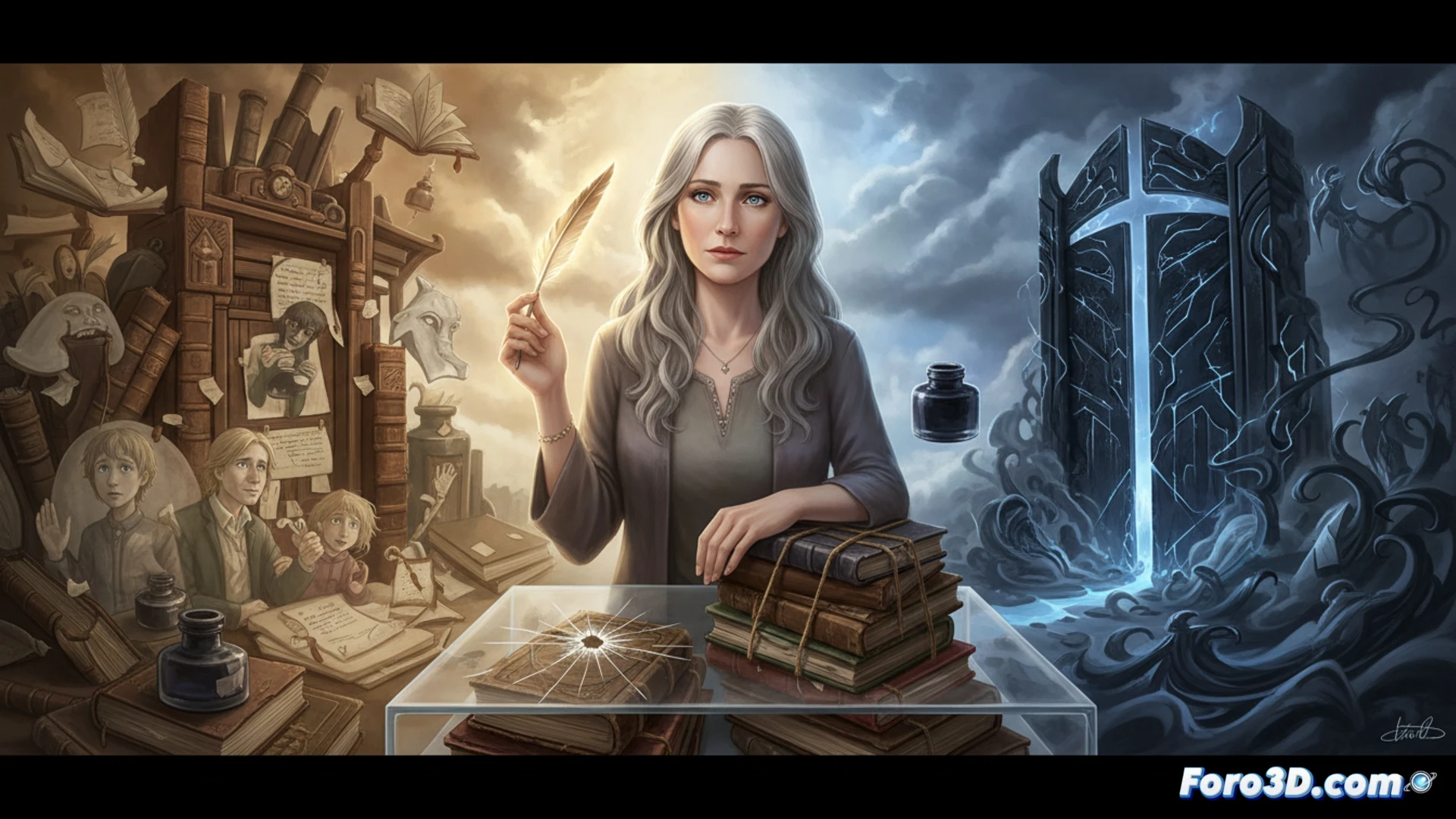 open book with illustrated ink dragon emerging from pages, glowing dust particles swirling around a vintage inkwell and quill, antique brass compass and magnifying glass resting on worn wooden desk, shadowy castle silhouette reflected in ink pool, cinematic fantasy illustration style, dramatic side lighting, deep blue and amber color palette, photorealistic textures on paper grain and metal surfaces, mystical atmosphere with visible magic spark trails, technical precision in book binding details and compass engravings