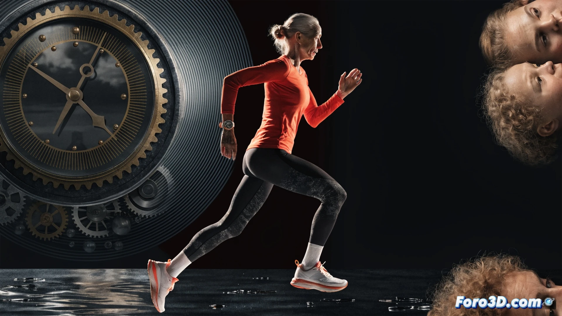 Woman runner in her 60s crossing a 5K finish line, digital stopwatch showing 17:48, worn running shoes with scuffed soles and frayed laces, sweat droplets on her face and arms, morning sunlight casting long shadows on a park trail, three adult children cheering from the sidelines holding a banner, photorealistic cinematic style, golden hour lighting, dynamic motion blur in her legs and arms, realistic muscle definition on calves and shoulders, technical detail on shoe tread wear pattern, dramatic low-angle shot emphasizing perseverance over speed, ultra-detailed skin texture and fabric wrinkles, inspiring athletic documentary aesthetic