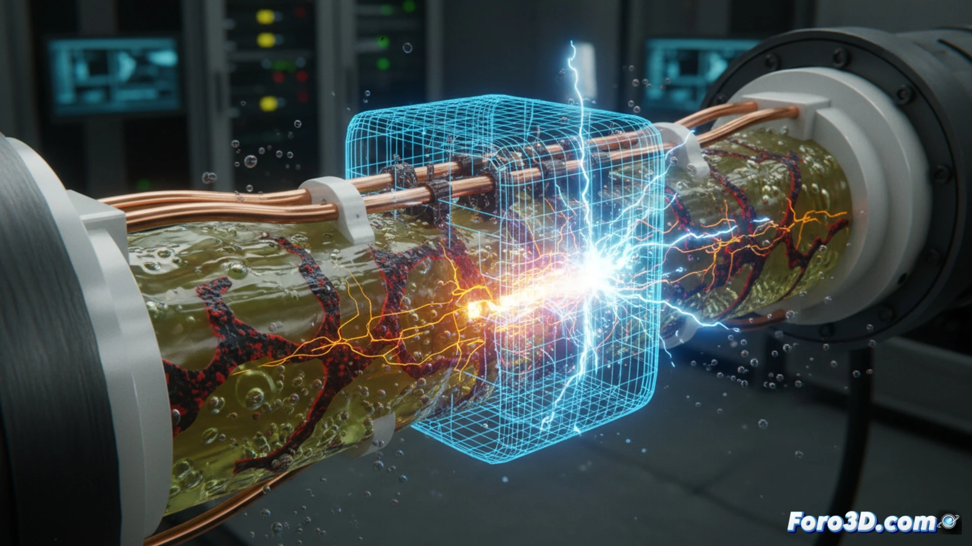 Visualización 3D de corrosión por fluido dieléctrico en conductor metálico de transformador de potencia