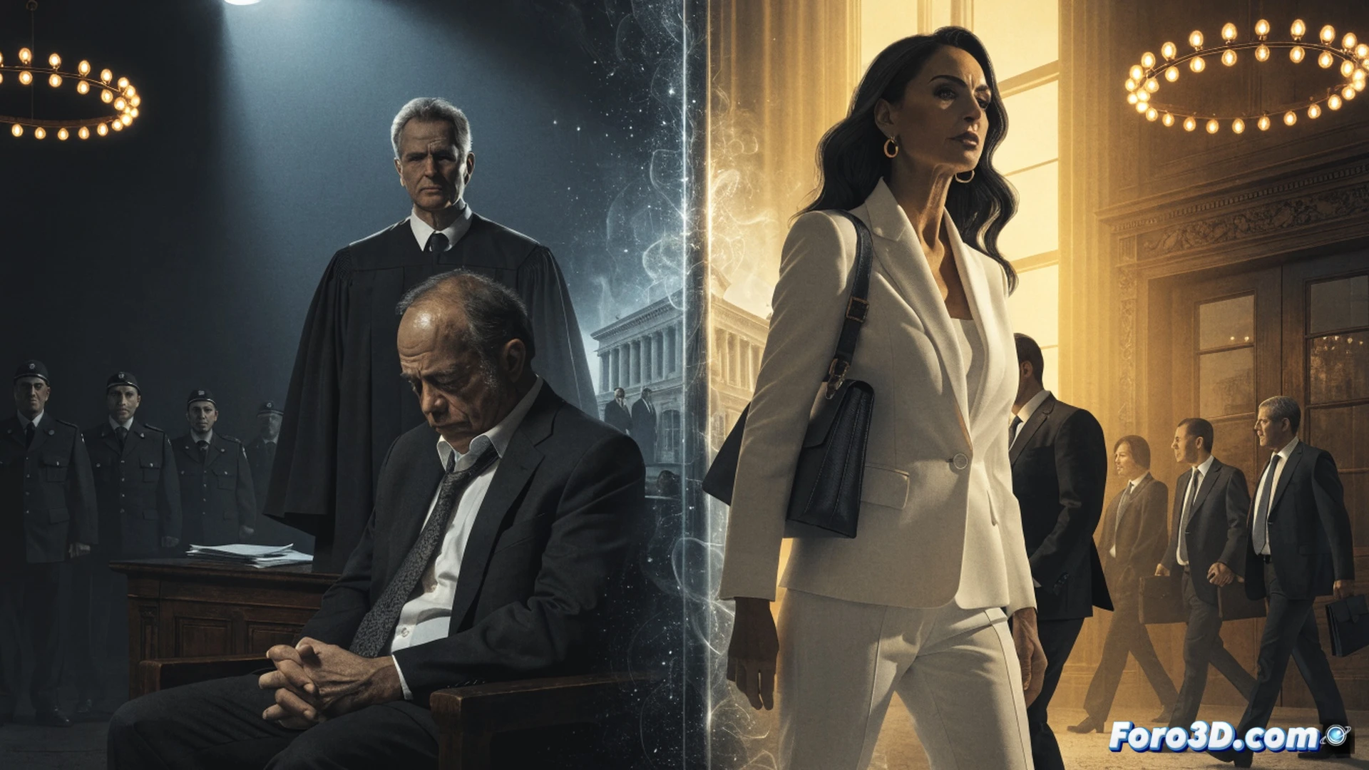 A scale of justice with one side holding a golden gavel and the other side holding a cracked, empty hand, a judge's robe partially unbuttoned revealing a digital tablet showing a corrupt network diagram, while a blindfold slips off to reveal one eye watching a politician walk free, the other eye staring at a handcuffed former minister, cinematic photorealistic style, dramatic courtroom lighting with harsh shadows, metallic textures on the scale, glowing red connection lines on the tablet, ultra-detailed fabric folds, tense action of the scale tipping unevenly
